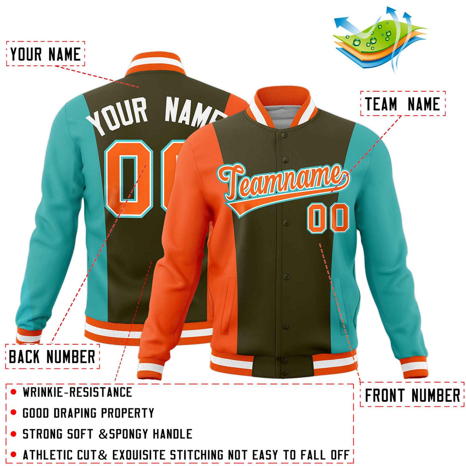 Custom Olive Orange Teal Personalization Varsity Full-Snap Three Color Blocks Letterman Jacket| KXKSHOP
