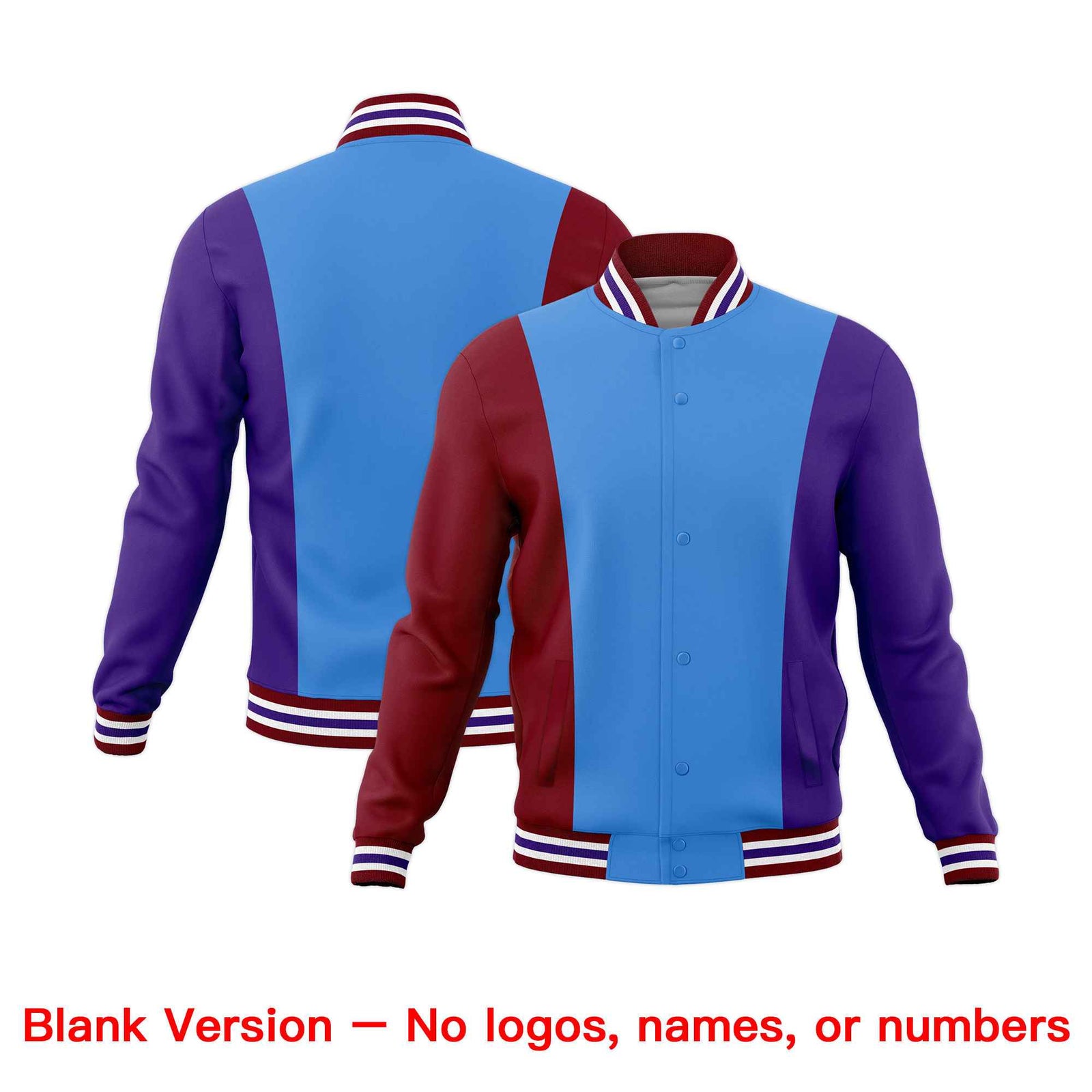 Custom Powder Blue Crimson Purple Personalization Varsity Full-Snap Three Color Blocks Letterman Jacket| KXKSHOP