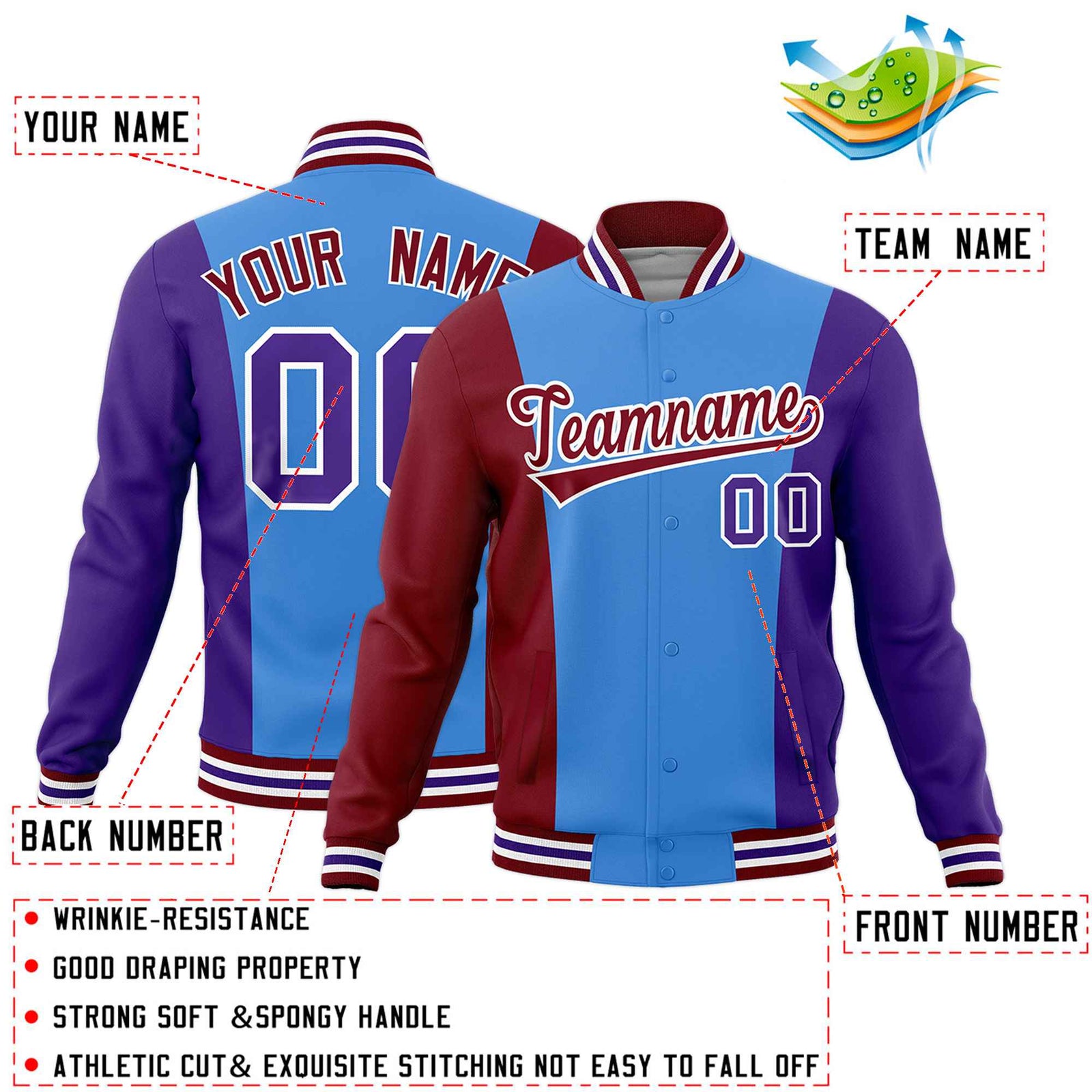 Custom Powder Blue Crimson Purple Personalization Varsity Full-Snap Three Color Blocks Letterman Jacket| KXKSHOP