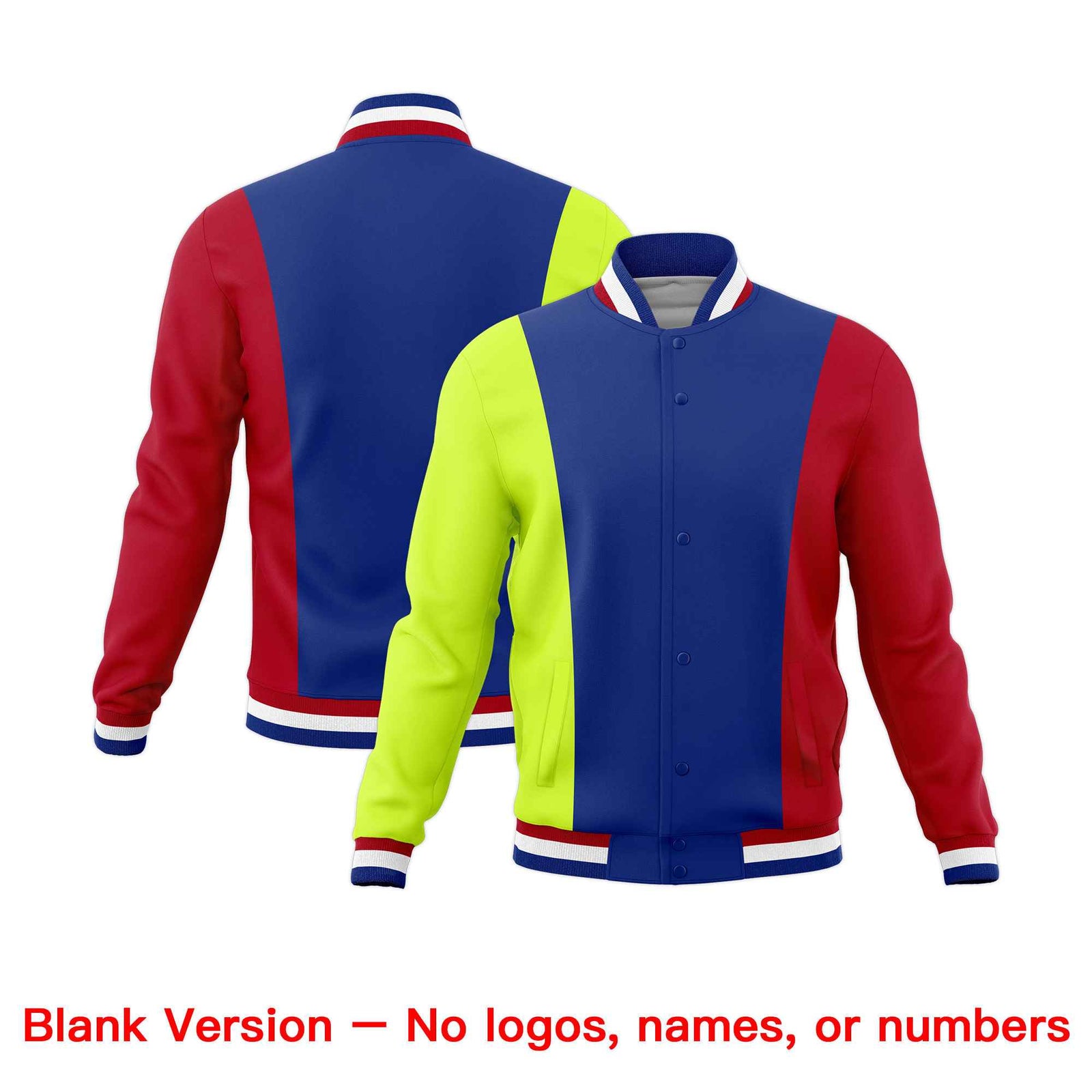 Custom Royal Blue Fluorescent Green Red Personalization Varsity Full-Snap Three Color Blocks Letterman Jacket| KXKSHOP