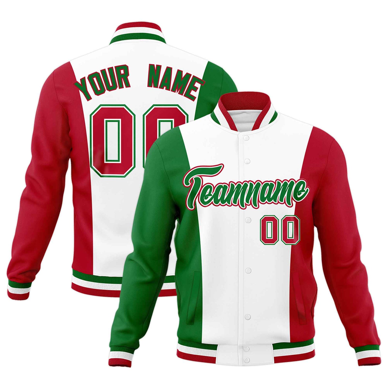 Custom White Kelly Green Red Personalization Varsity Full-Snap Three Color Blocks Letterman Jacket