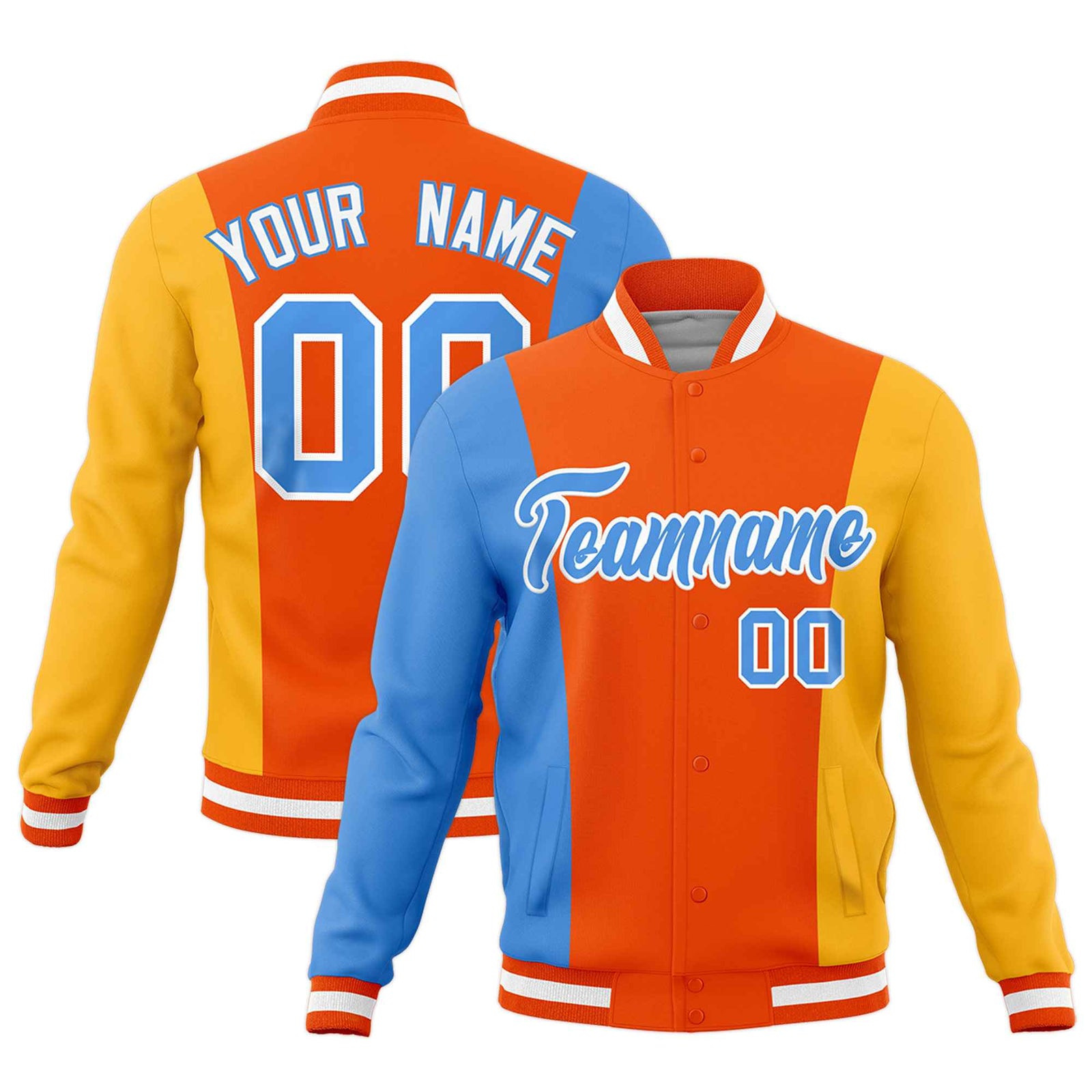 Custom Powder Blue Orange Yellow Personalization Varsity Full-Snap Three Color Blocks Letterman Jacket