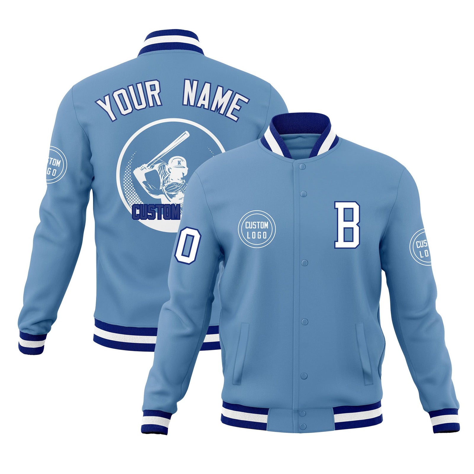 Custom Powder Blue Full-Snap Varsity Personalized Letterman Baseball Coats Jacket