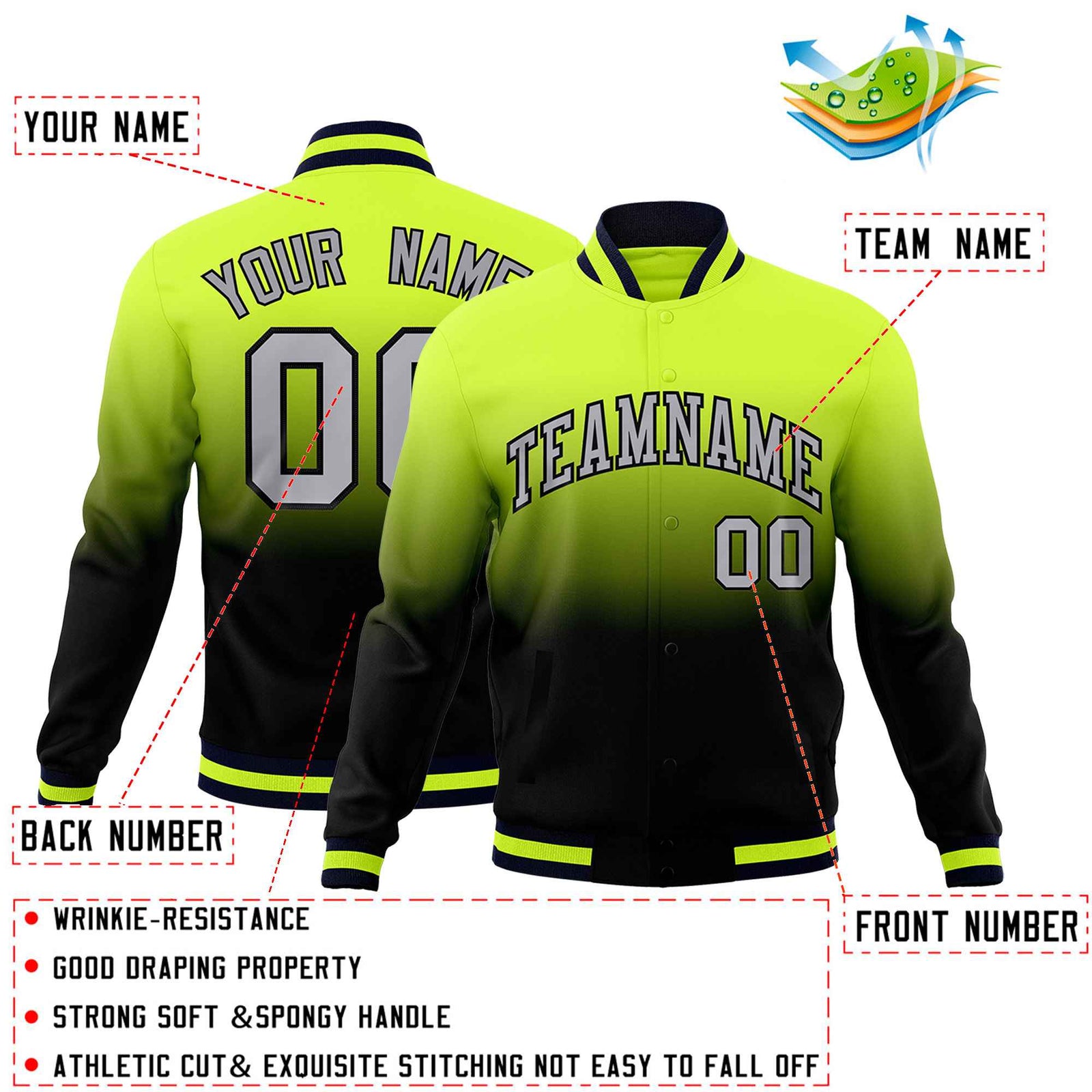 Custom Neon Green Navy Full-Snap Varsity Personalization Gradient Fashion Letterman Jacket