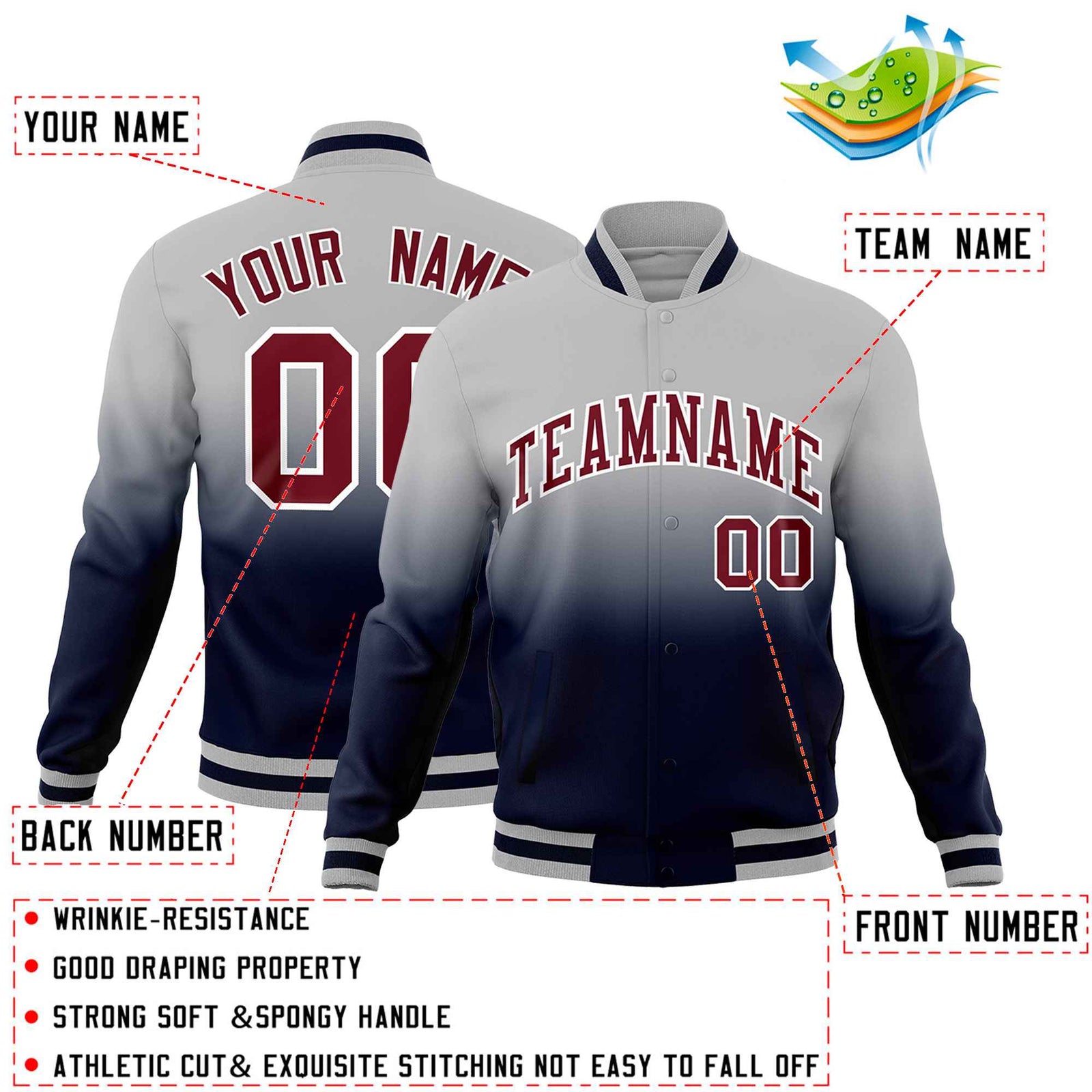 Custom Gray Navy Full-Snap Varsity Personalization Gradient Fashion Letterman Jacket