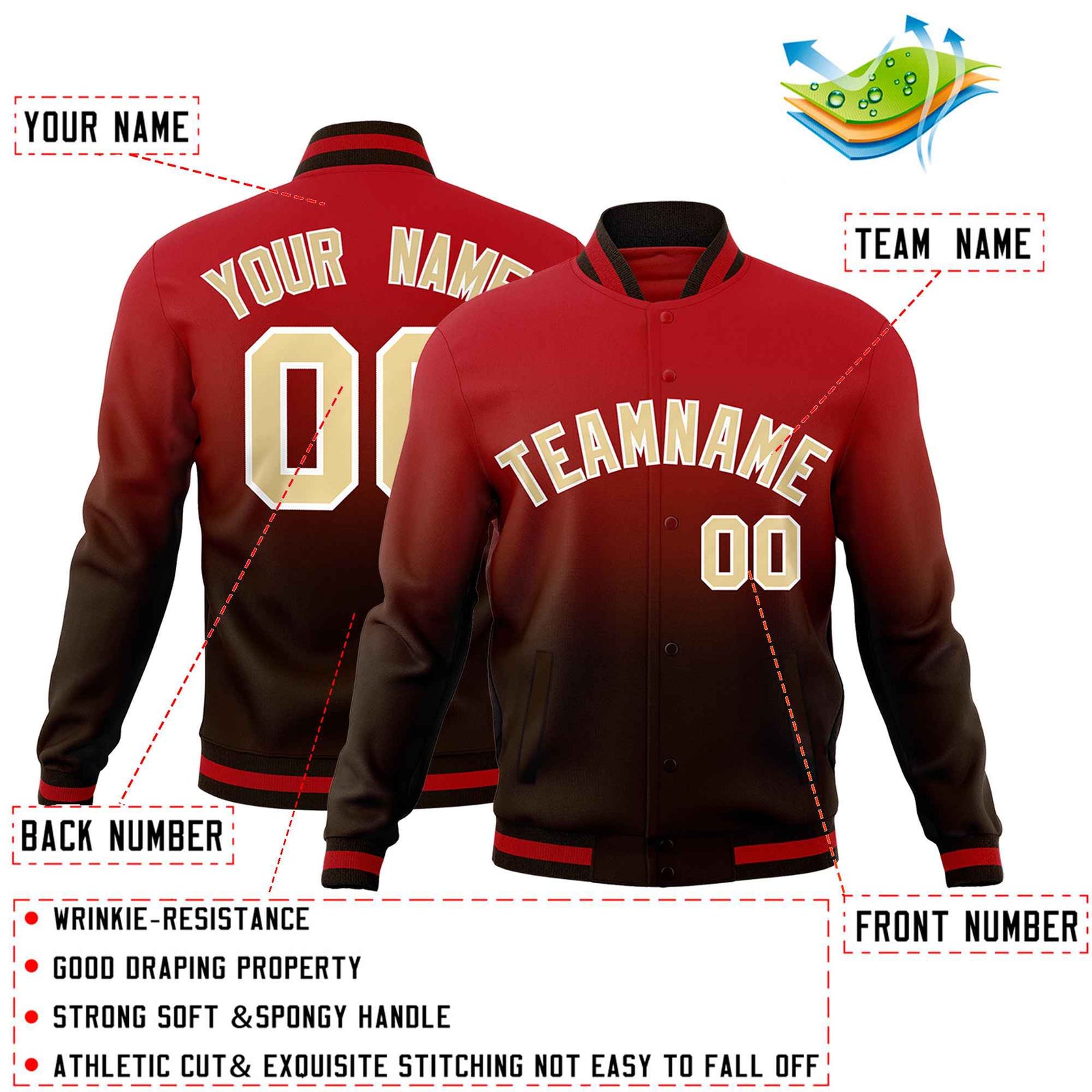 Custom Brown Red Full-Snap Varsity Personalization Gradient Fashion Letterman Jacket