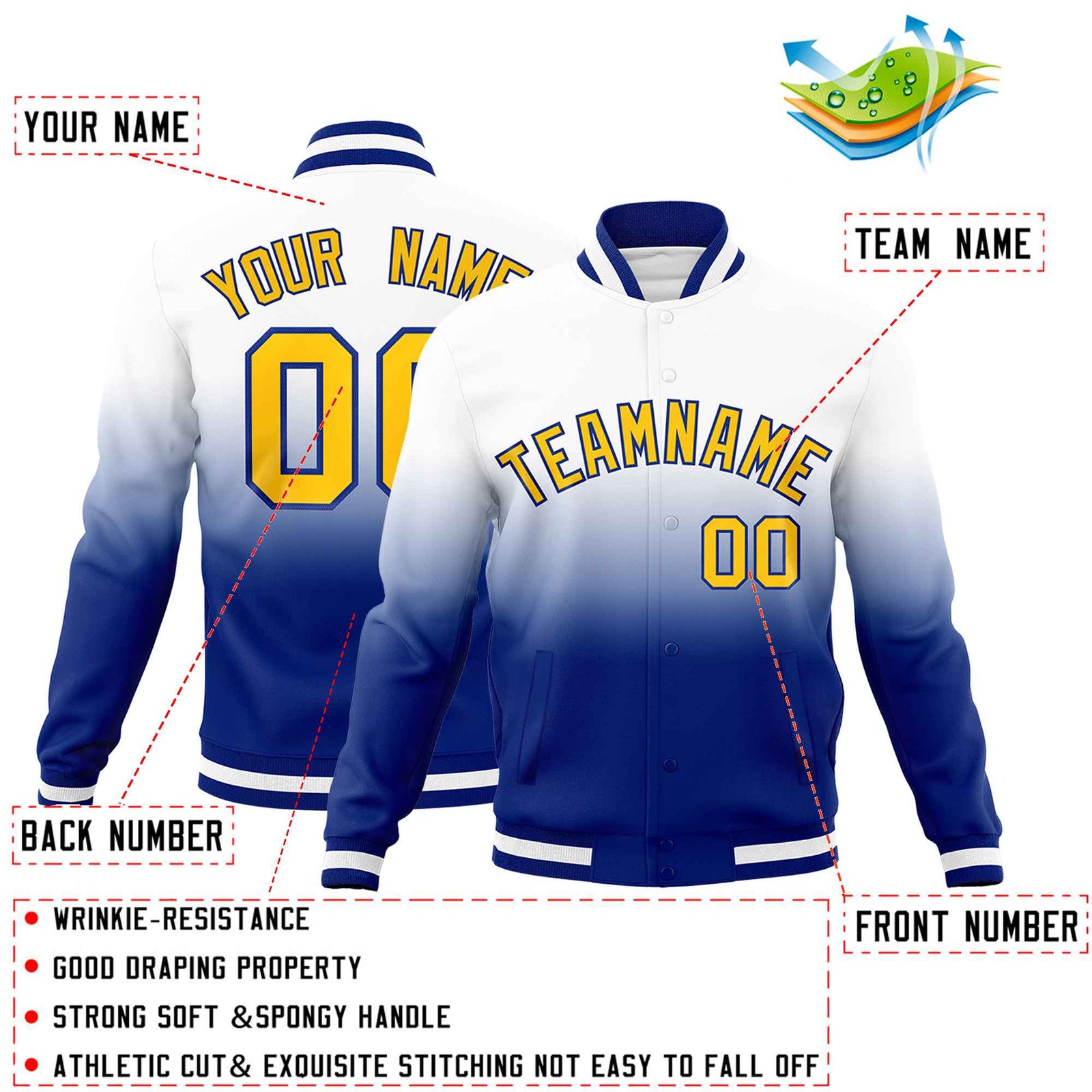 Custom White Royal Full-Snap Varsity Personalization Gradient Fashion Letterman Jacket