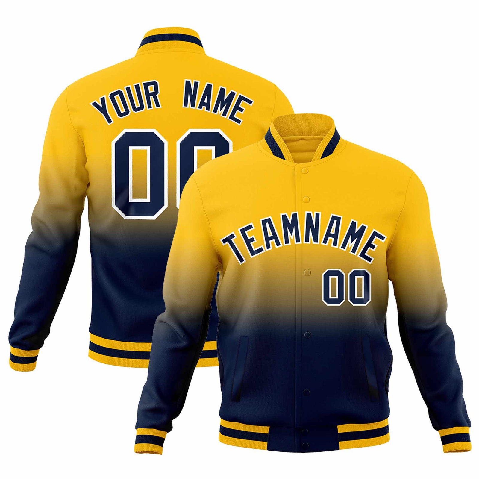 Custom Yellow Navy Full-Snap Varsity Personalization Gradient Fashion Letterman Jacket