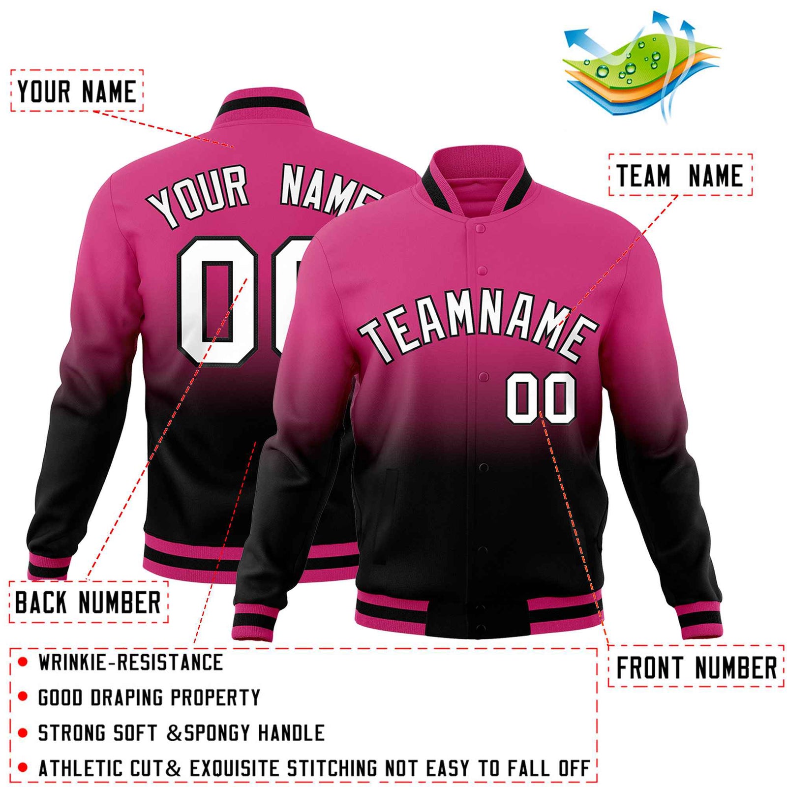 Custom Rose Red Black Full-Snap Varsity Personalization Gradient Fashion Letterman Jacket