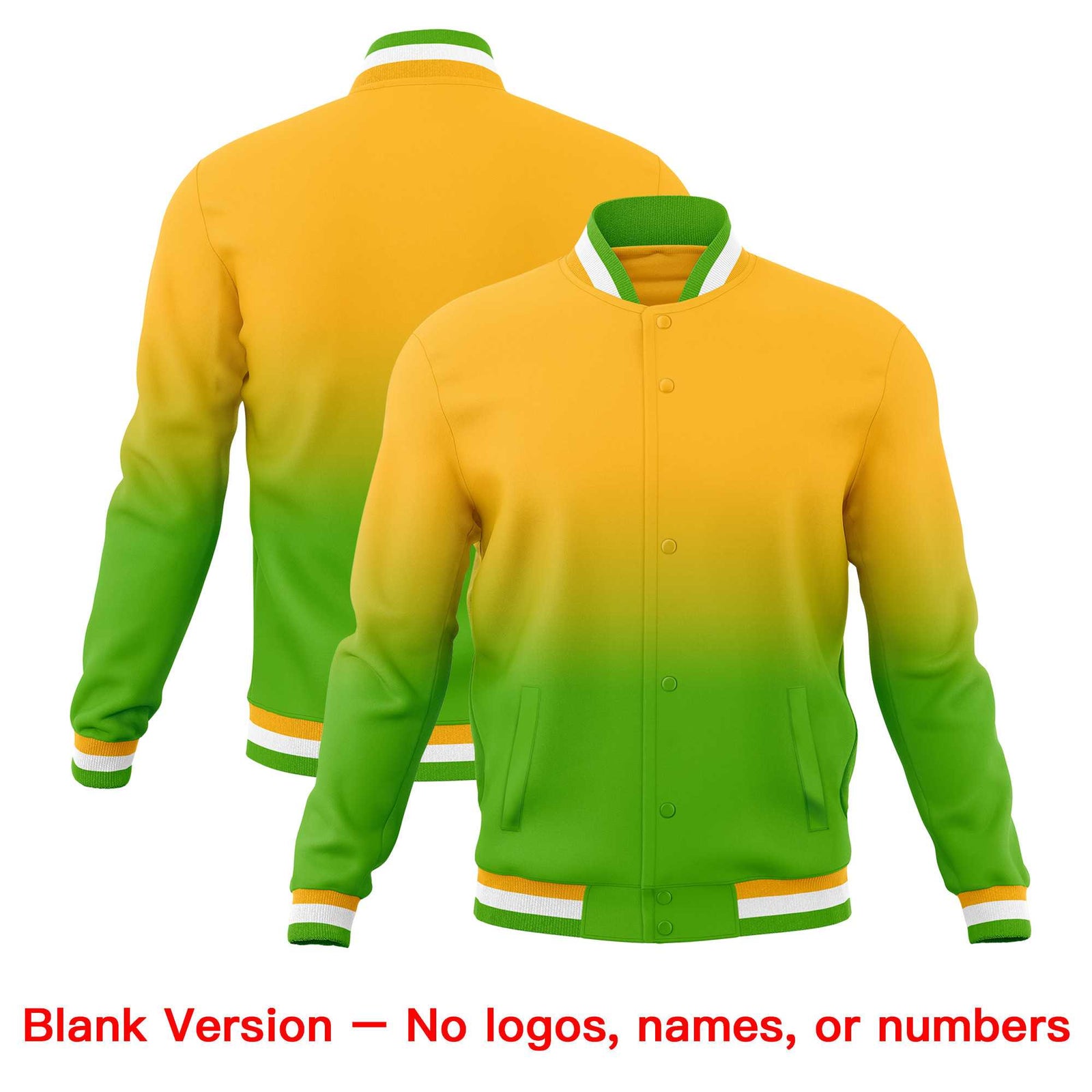 Custom Gold Green Full-Snap Varsity Personalization Gradient Fashion Letterman Jacket