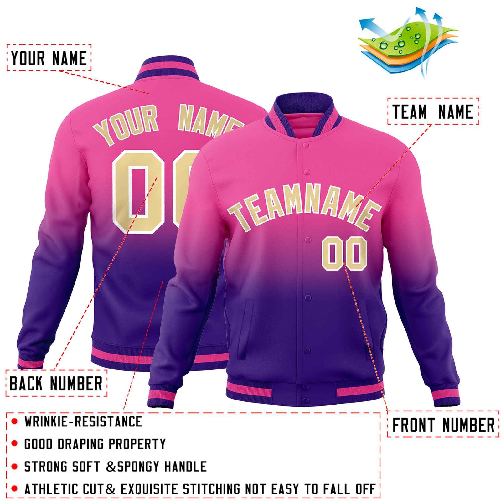 Custom Pink Purple Full-Snap Varsity Personalization Gradient Fashion Letterman Jacket