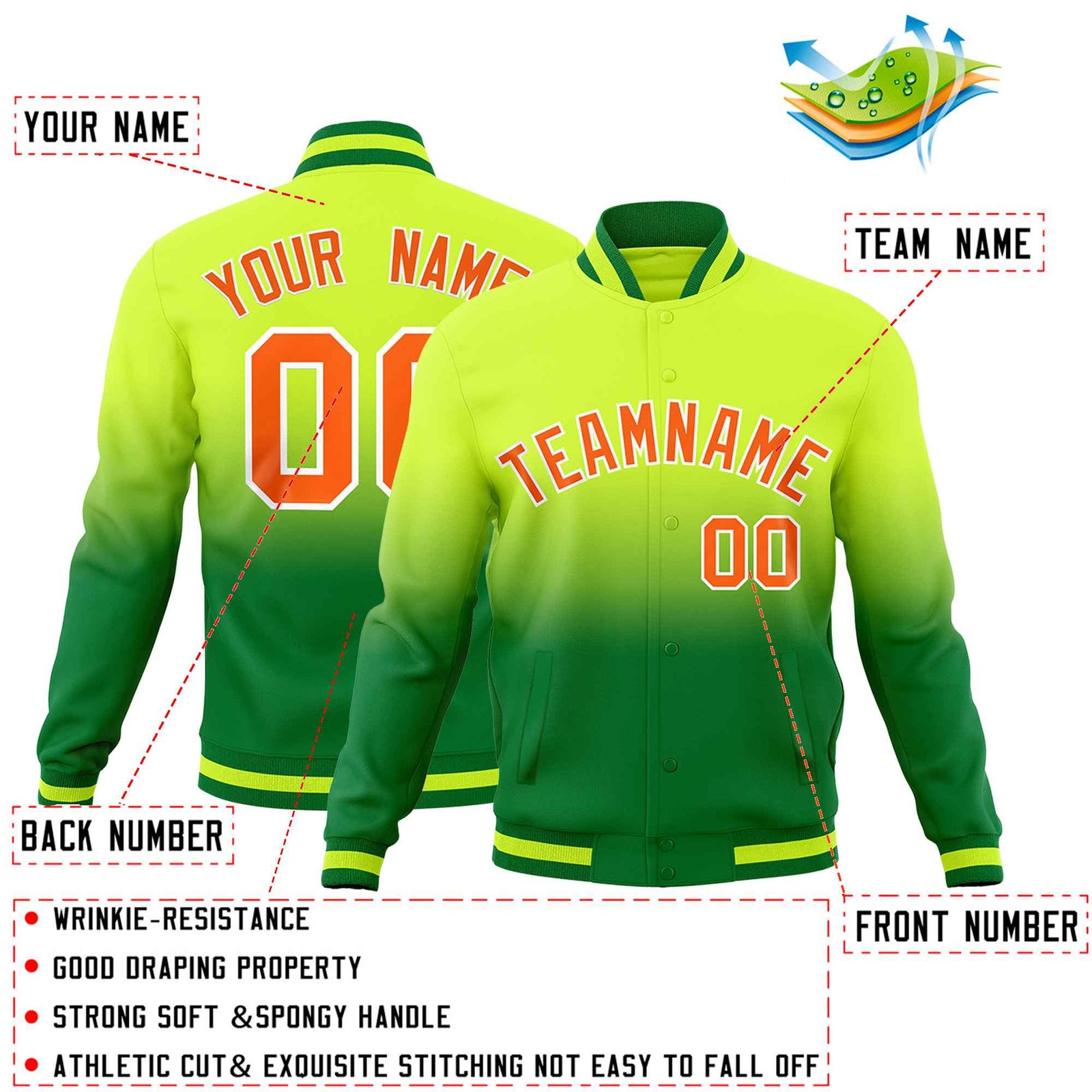 Custom Neon Green Kelly Green Full-Snap Varsity Personalization Gradient Fashion Letterman Jacket