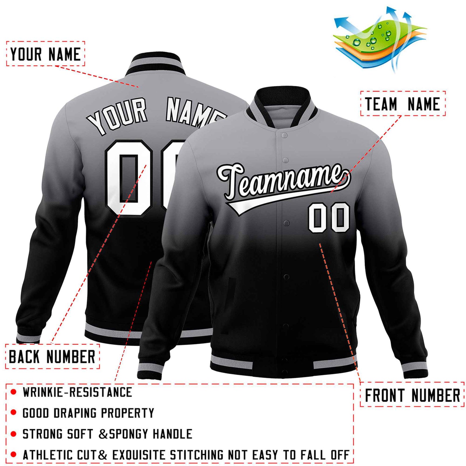 Custom Gray Black Full-Snap Varsity Personalization Gradient Fashion Letterman Jacket| KXKSHOP