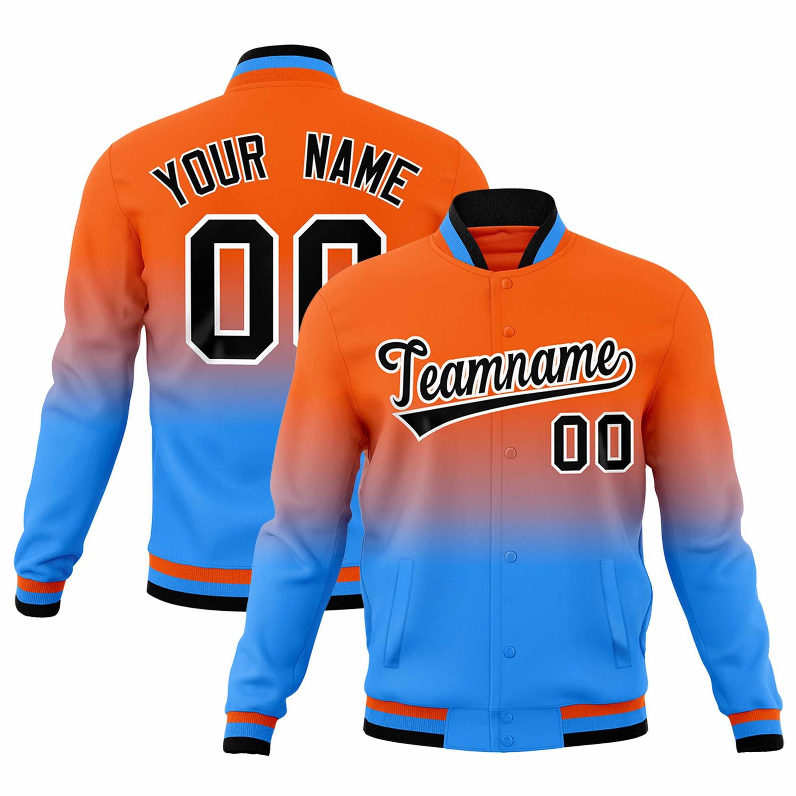 Custom Orange Powder Blue Full-Snap Varsity Personalization Gradient Fashion Letterman Jacket| KXKSHOP