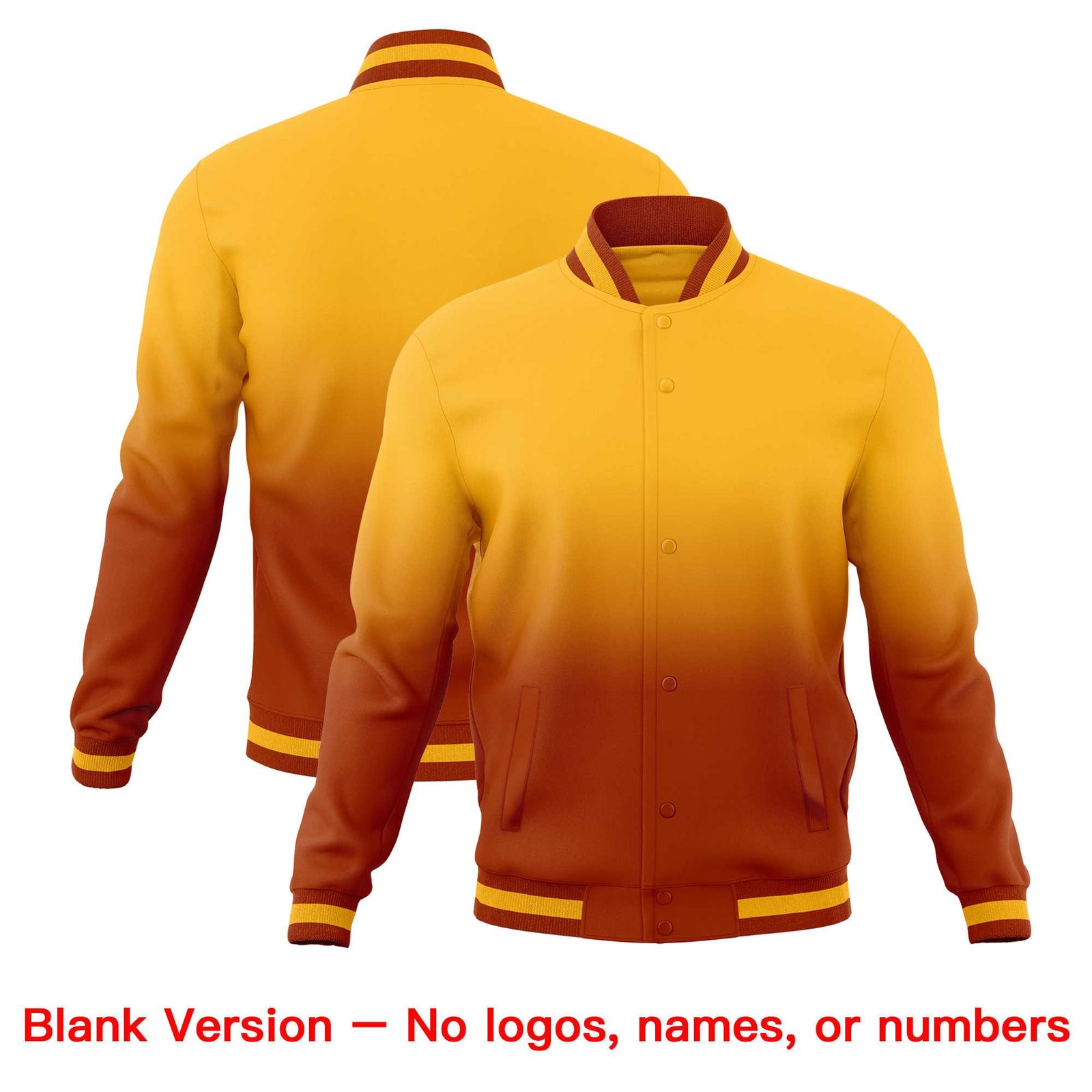 Custom Gold Dark Orange Full-Snap Varsity Personalization Gradient Fashion Letterman Jacket| KXKSHOP