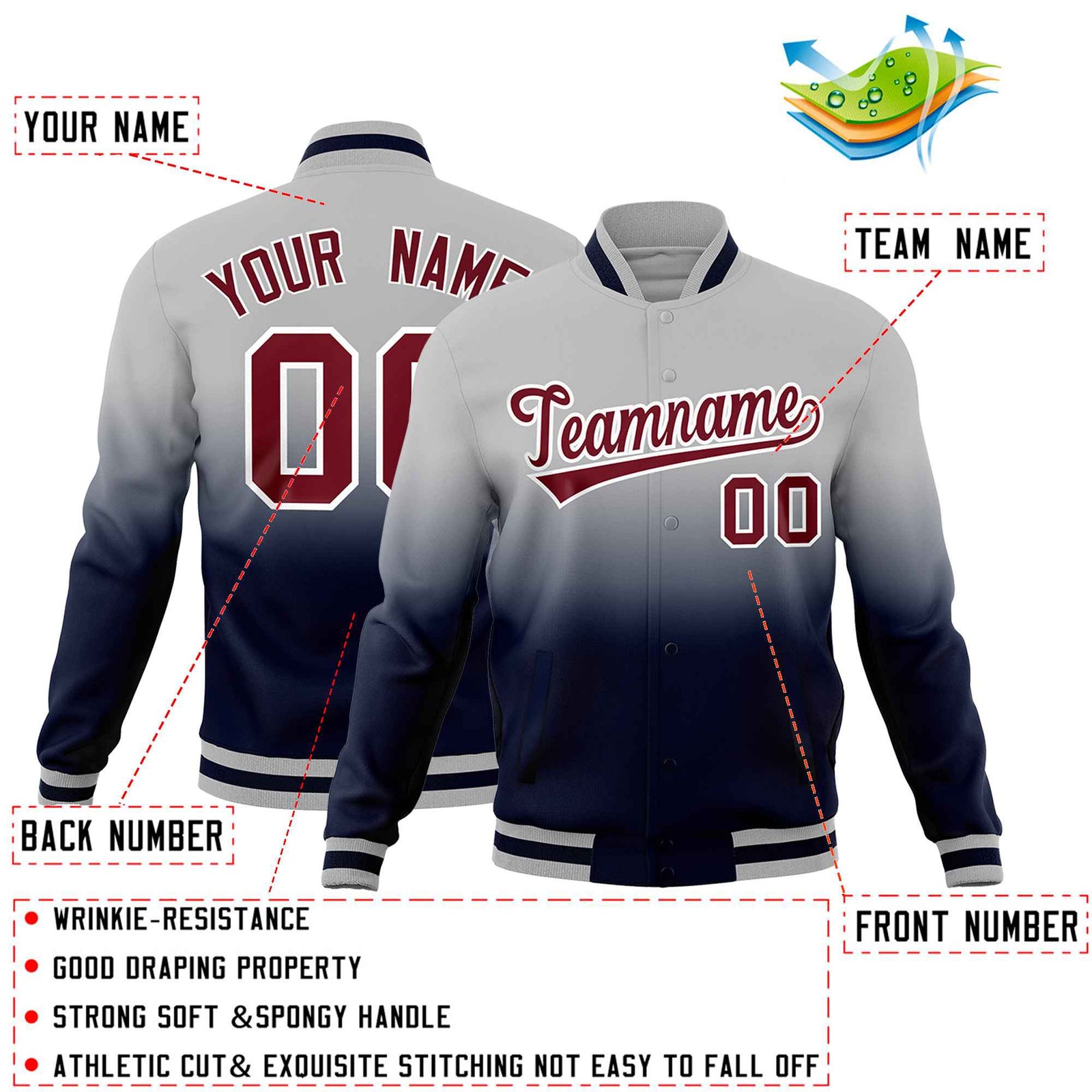 Custom Gray Navy Full-Snap Varsity Personalization Gradient Fashion Letterman Jacket| KXKSHOP