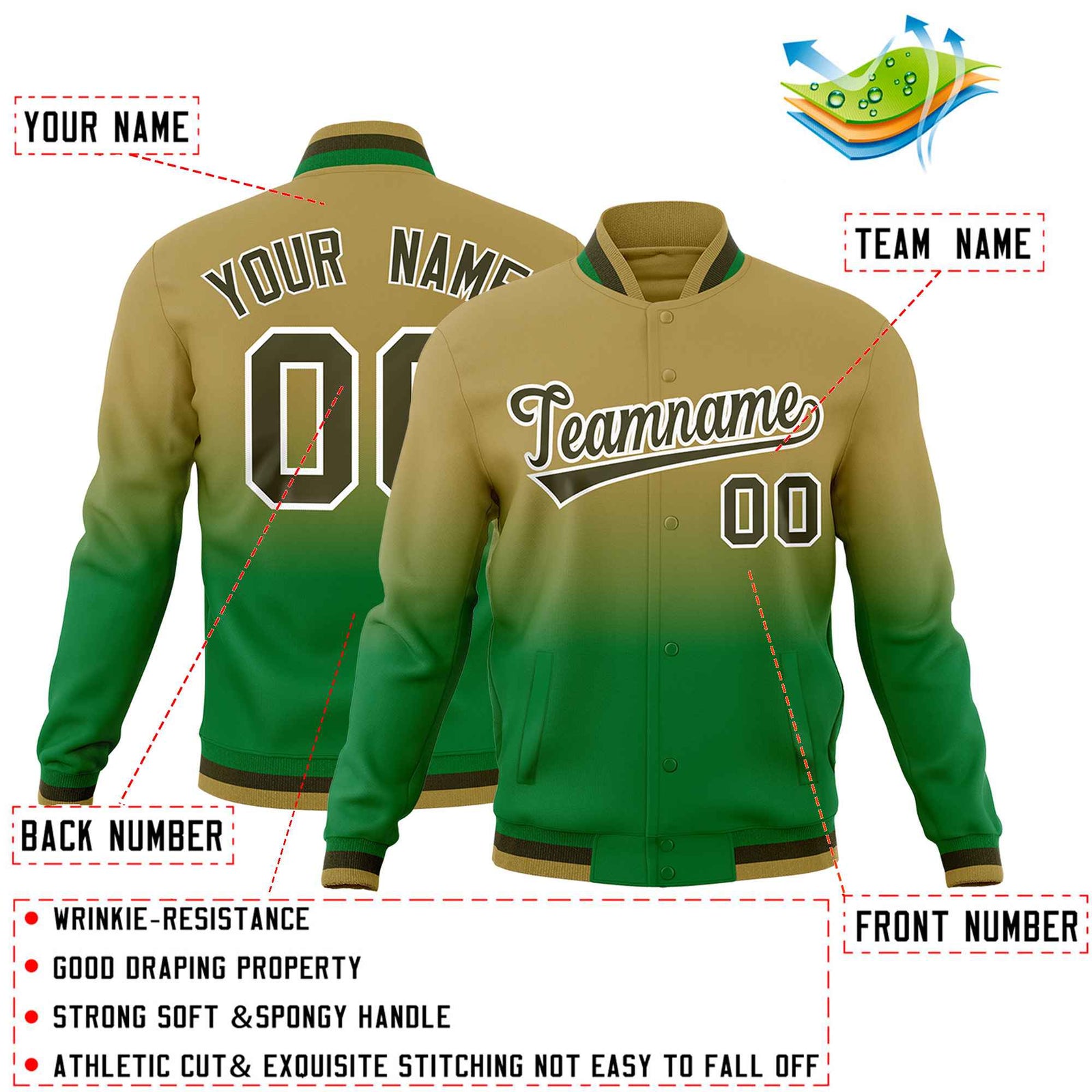 Custom Desert Yellow Kelly Green Full-Snap Varsity Personalization Gradient Fashion Letterman Jacket| KXKSHOP