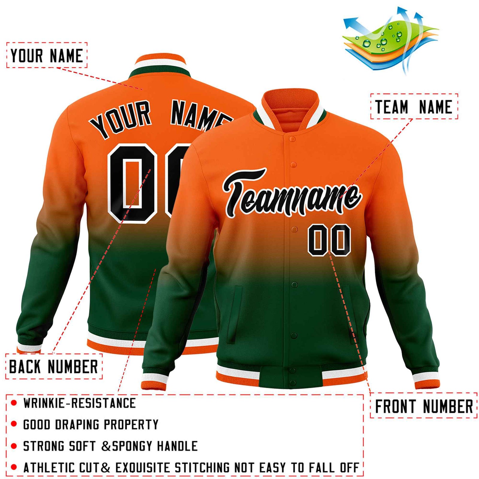 Custom Orange Green Full-Snap Varsity Personalization Gradient Fashion Letterman Jacket