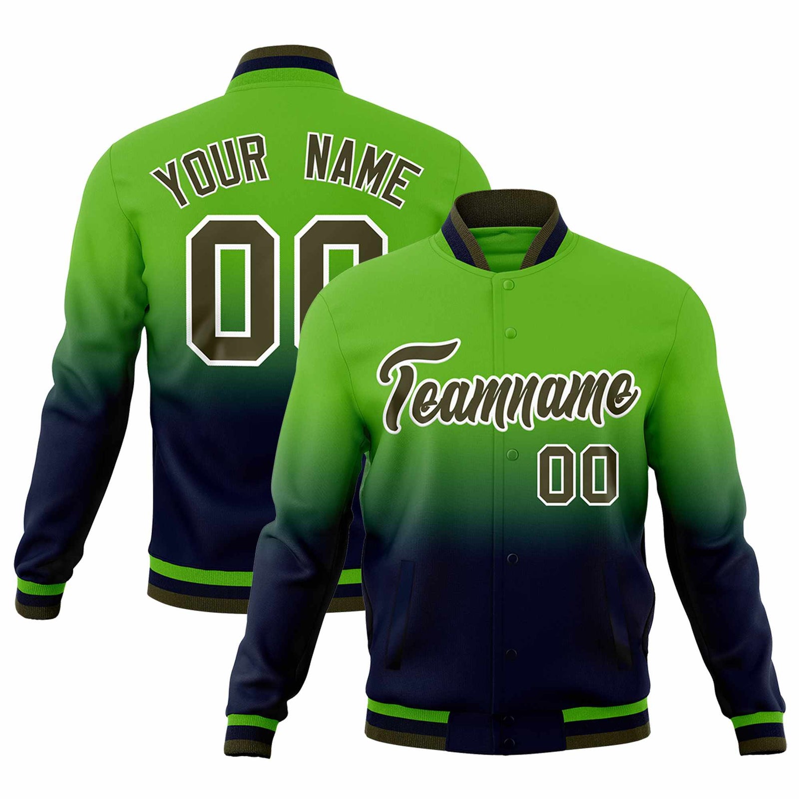 Custom Green Navy Full-Snap Varsity Personalization Gradient Fashion Letterman Jacket