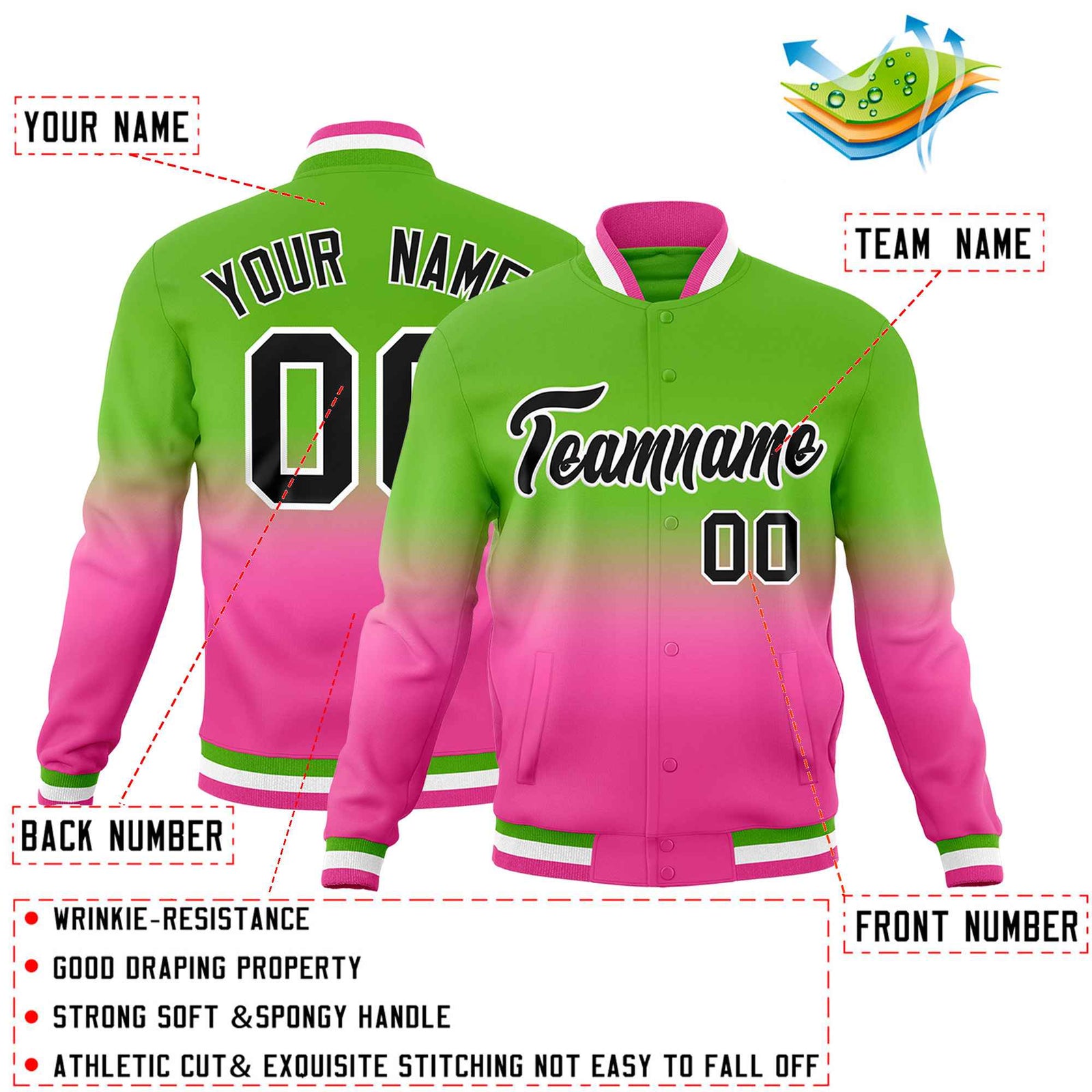 Custom Green Pink Full-Snap Varsity Personalization Gradient Fashion Letterman Jacket