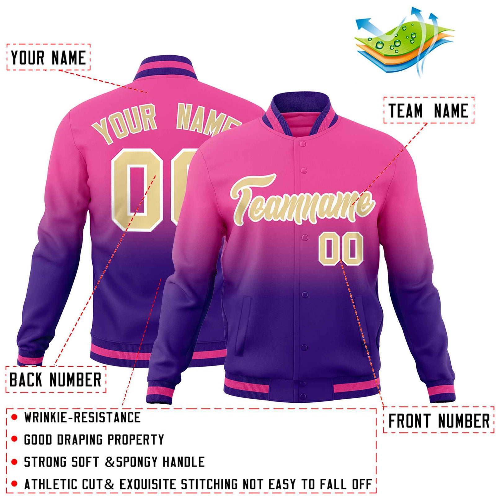 Custom Pink Purple Full-Snap Varsity Personalization Gradient Fashion Letterman Jacket