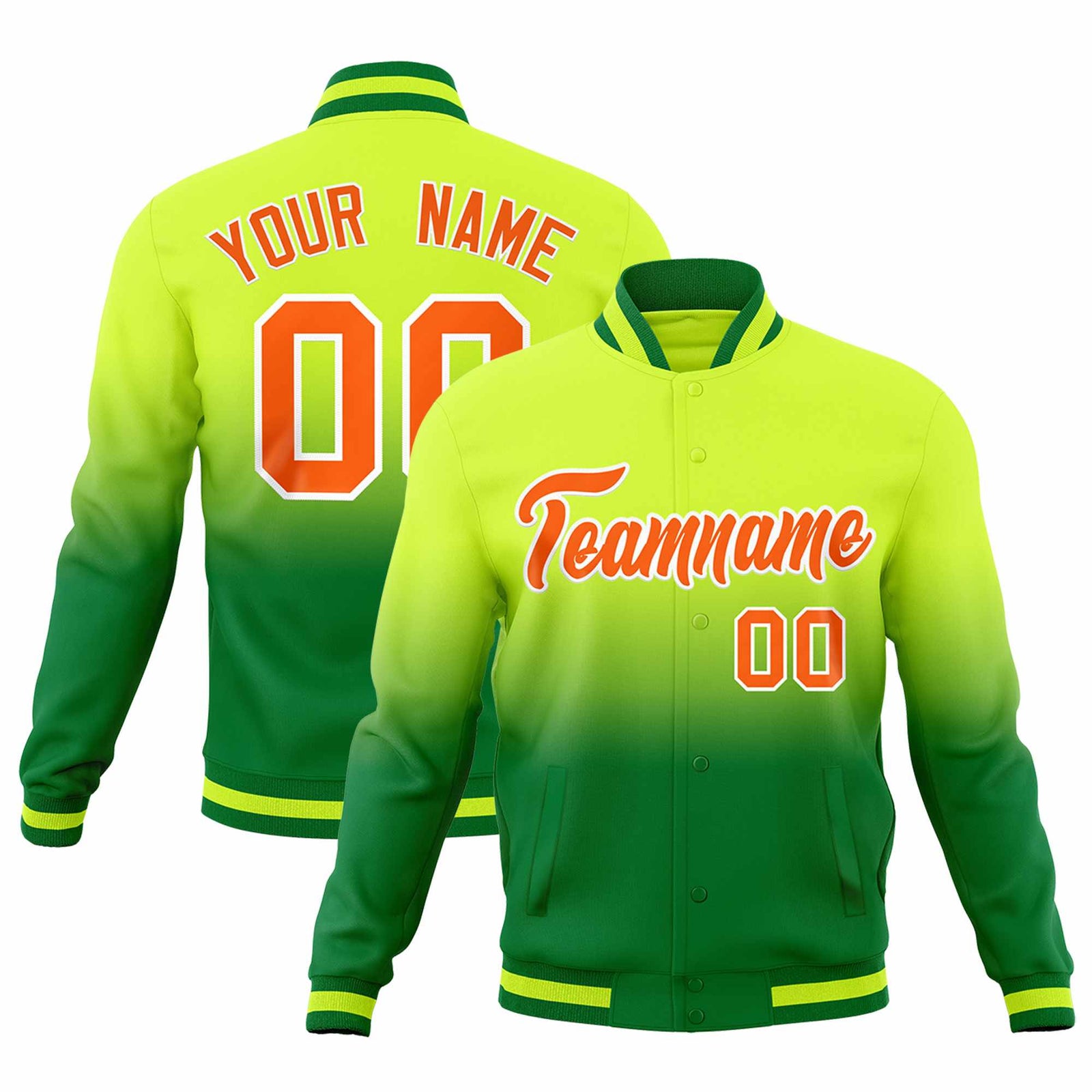 Custom Neon Green Kelly Green Full-Snap Varsity Personalization Gradient Fashion Letterman Jacket
