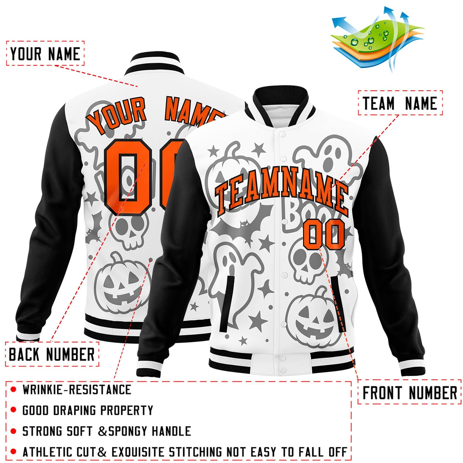 Custom White Black Orange Bats Pumpkins Ghost Patterns Halloween Letterman Jacket | Custom Letterman Jacket,Add Name and Numbern,Sublimation Printed & Stitched,Perfect for Parties | KXKSHOP