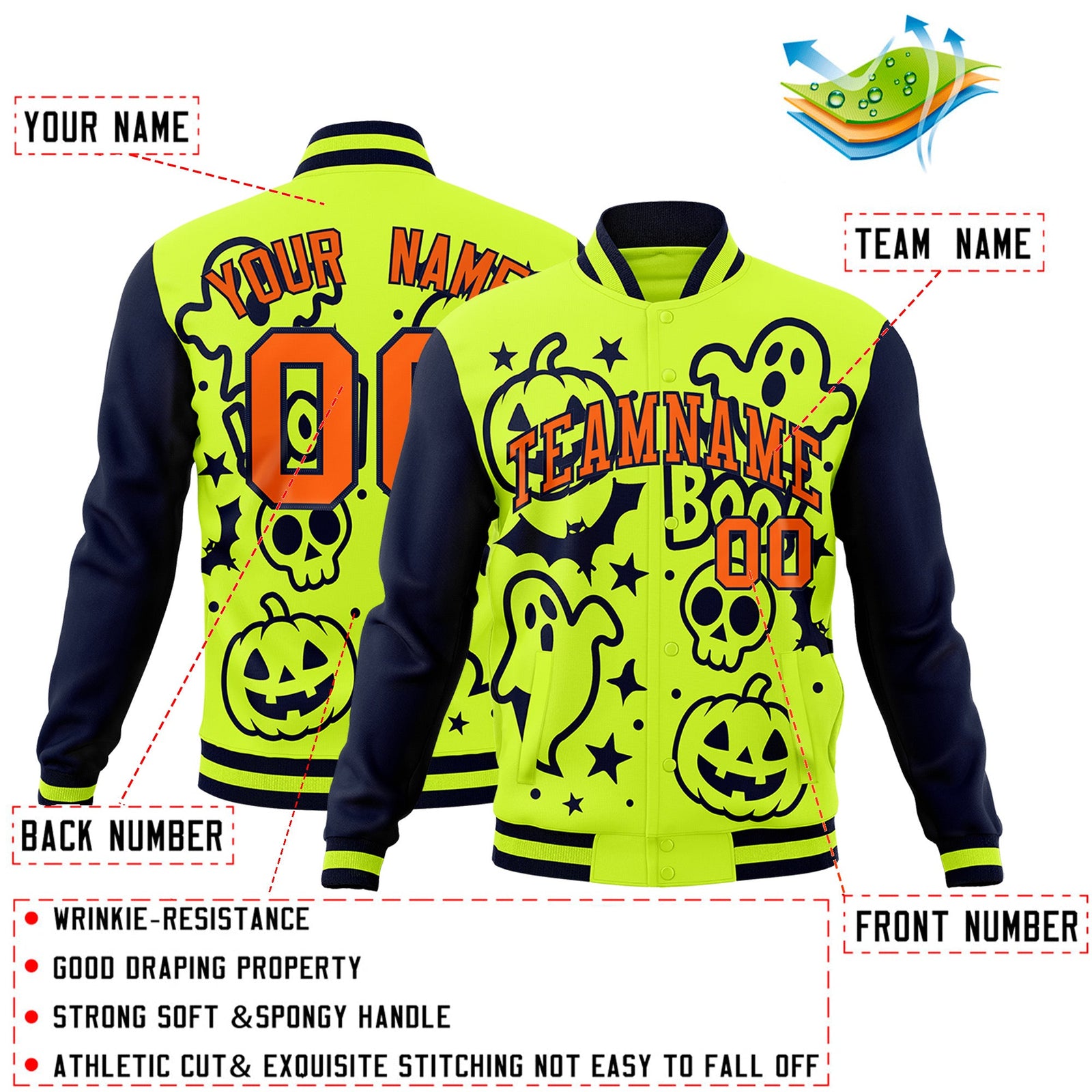 Custom Neon Green Navy Orange Bats Pumpkins Ghost Patterns Halloween Letterman Jacket | Custom Letterman Jacket,Add Name and Numbern,Sublimation Printed & Stitched,Perfect for Parties | KXKSHOP