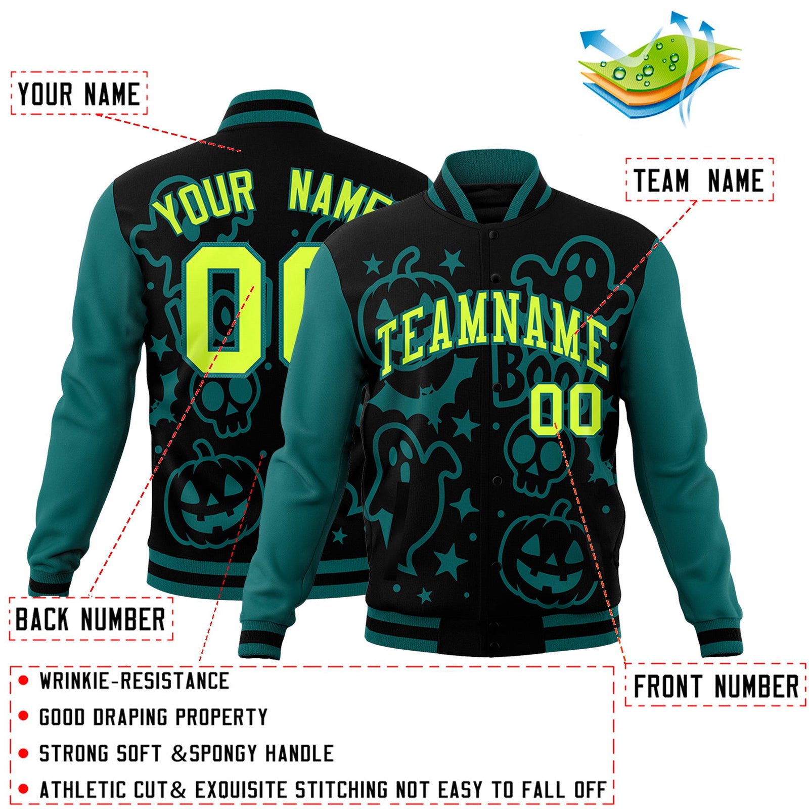 Custom Teal Black Neon Green Bats Pumpkins Ghost Patterns Halloween Letterman Jacket | Custom Letterman Jacket,Add Name and Numbern,Sublimation Printed & Stitched,Perfect for Parties | KXKSHOP