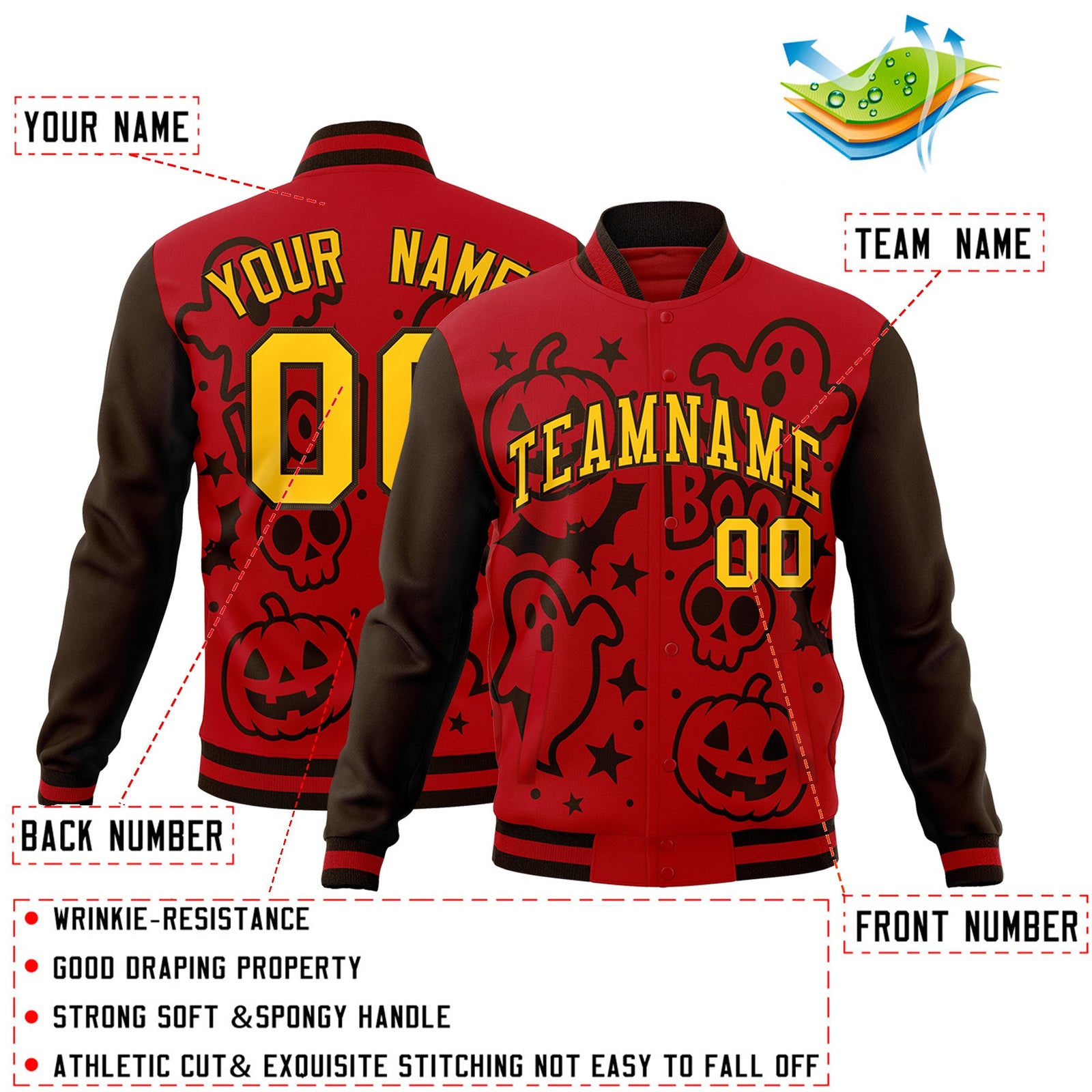 Custom Red Brown Gold Bats Pumpkins Ghost Patterns Halloween Letterman Jacket | Custom Letterman Jacket,Add Name and Numbern,Sublimation Printed & Stitched,Perfect for Parties | KXKSHOP