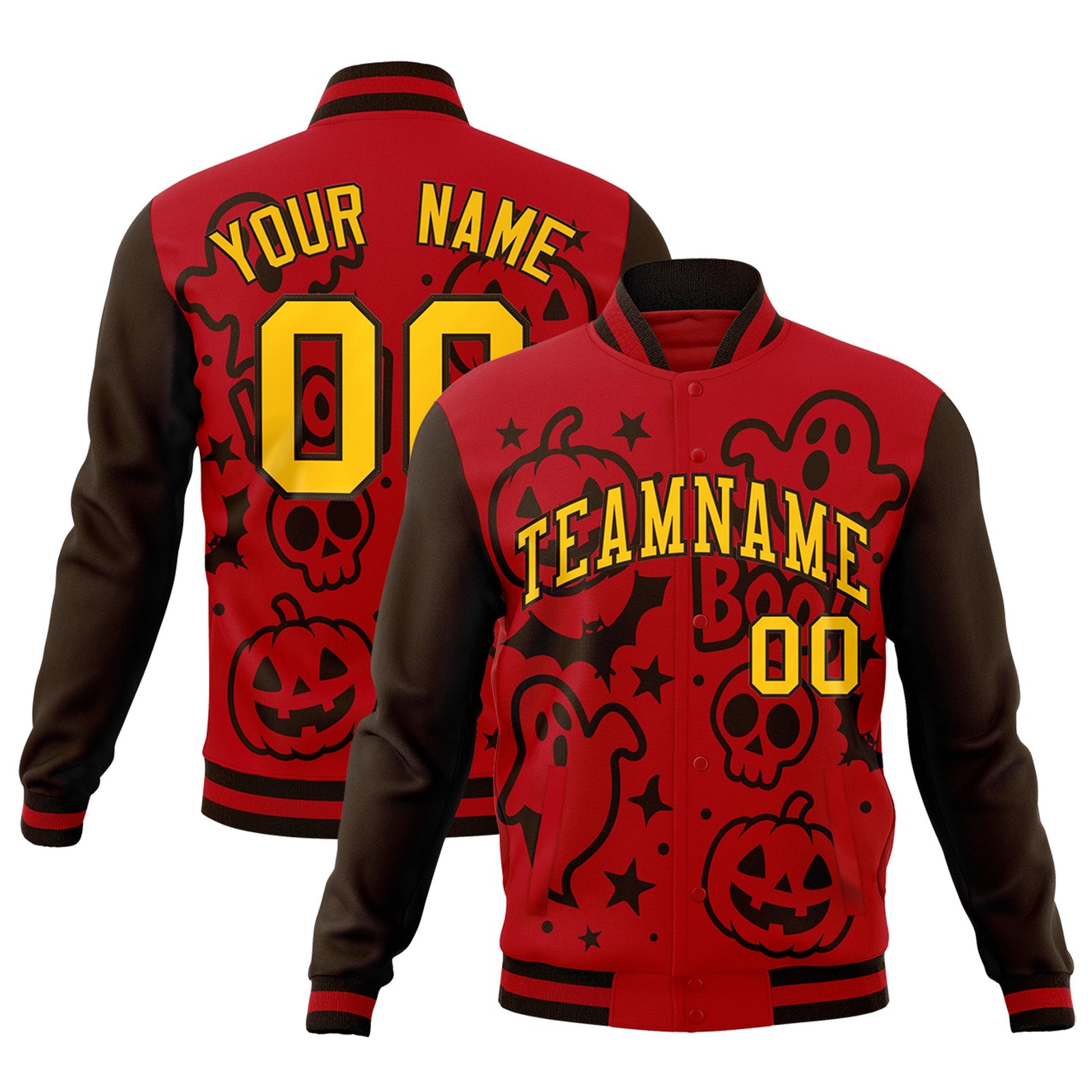 Custom Red Brown Gold Bats Pumpkins Ghost Patterns Halloween Letterman Jacket | Custom Letterman Jacket,Add Name and Numbern,Sublimation Printed & Stitched,Perfect for Parties | KXKSHOP