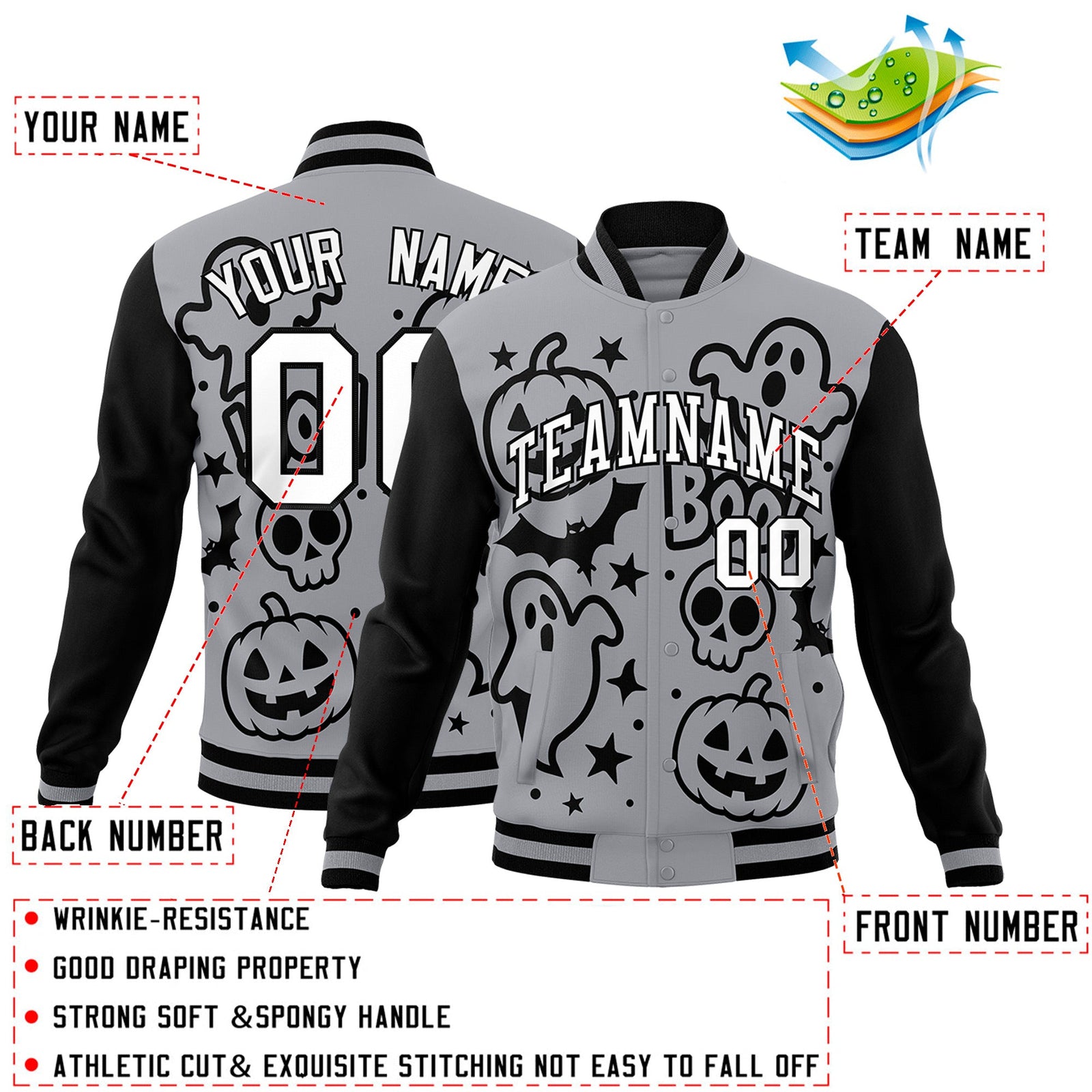 Custom Gray Black White Bats Pumpkins Ghost Patterns Halloween Letterman Jacket | Custom Letterman Jacket,Add Name and Numbern,Sublimation Printed & Stitched,Perfect for Parties | KXKSHOP