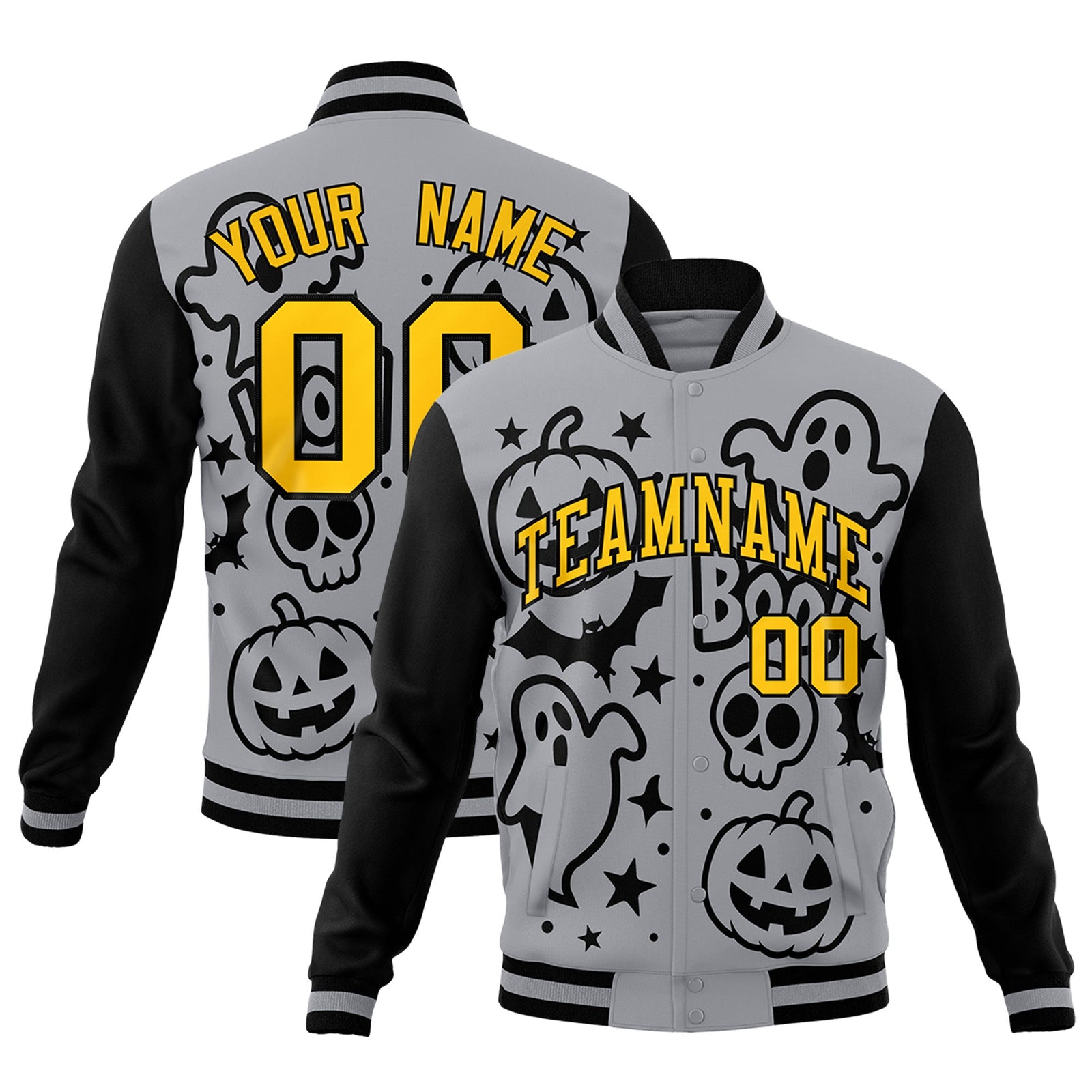 Custom Gray Black Gold Bats Pumpkins Ghost Patterns Halloween Letterman Jacket | Custom Letterman Jacket,Add Name and Numbern,Sublimation Printed & Stitched,Perfect for Parties | KXKSHOP