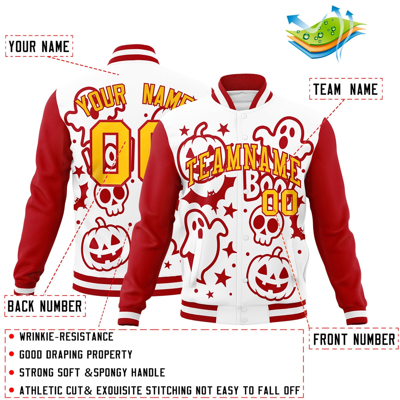 Custom White Red Gold Bats Pumpkins Ghost Patterns Halloween Letterman Jacket | Custom Letterman Jacket,Add Name and Numbern,Sublimation Printed & Stitched,Perfect for Parties | KXKSHOP