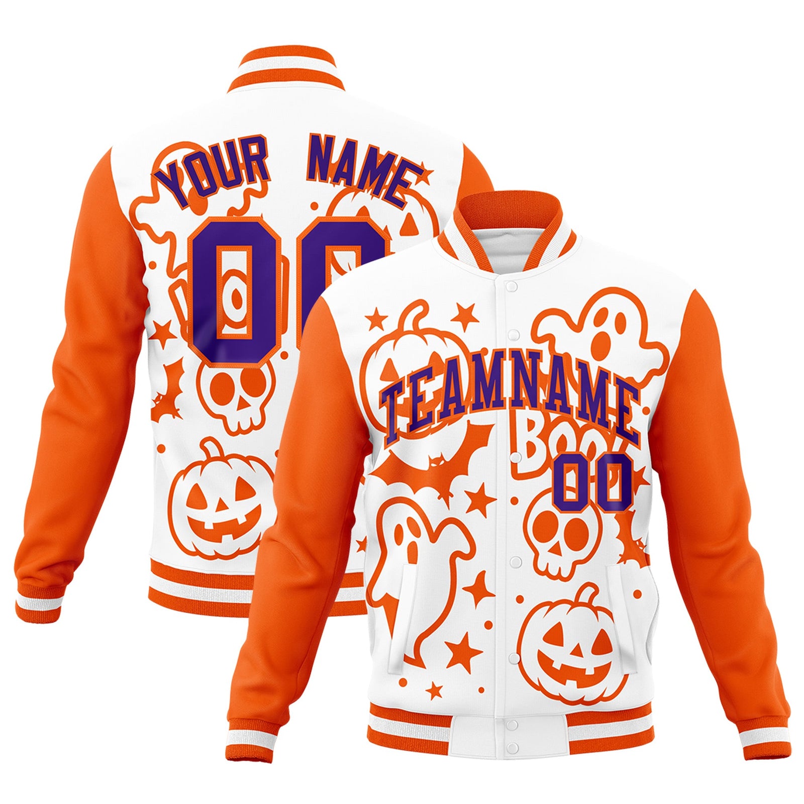 Custom White Orange Purple Bats Pumpkins Ghost Patterns Halloween Letterman Jacket | Custom Letterman Jacket,Add Name and Numbern,Sublimation Printed & Stitched,Perfect for Parties | KXKSHOP