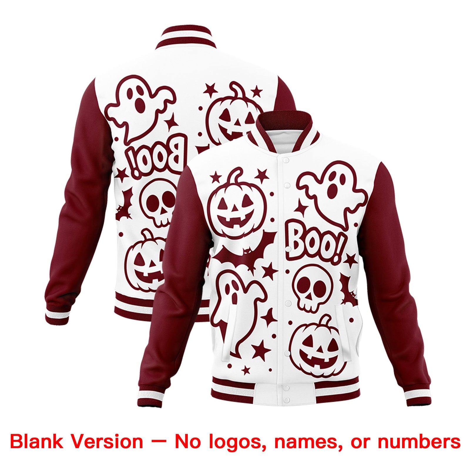 Custom White Crimson Old Gold Bats Pumpkins Ghost Patterns Halloween Letterman Jacket | Custom Letterman Jacket,Add Name and Numbern,Sublimation Printed & Stitched,Perfect for Parties | KXKSHOP