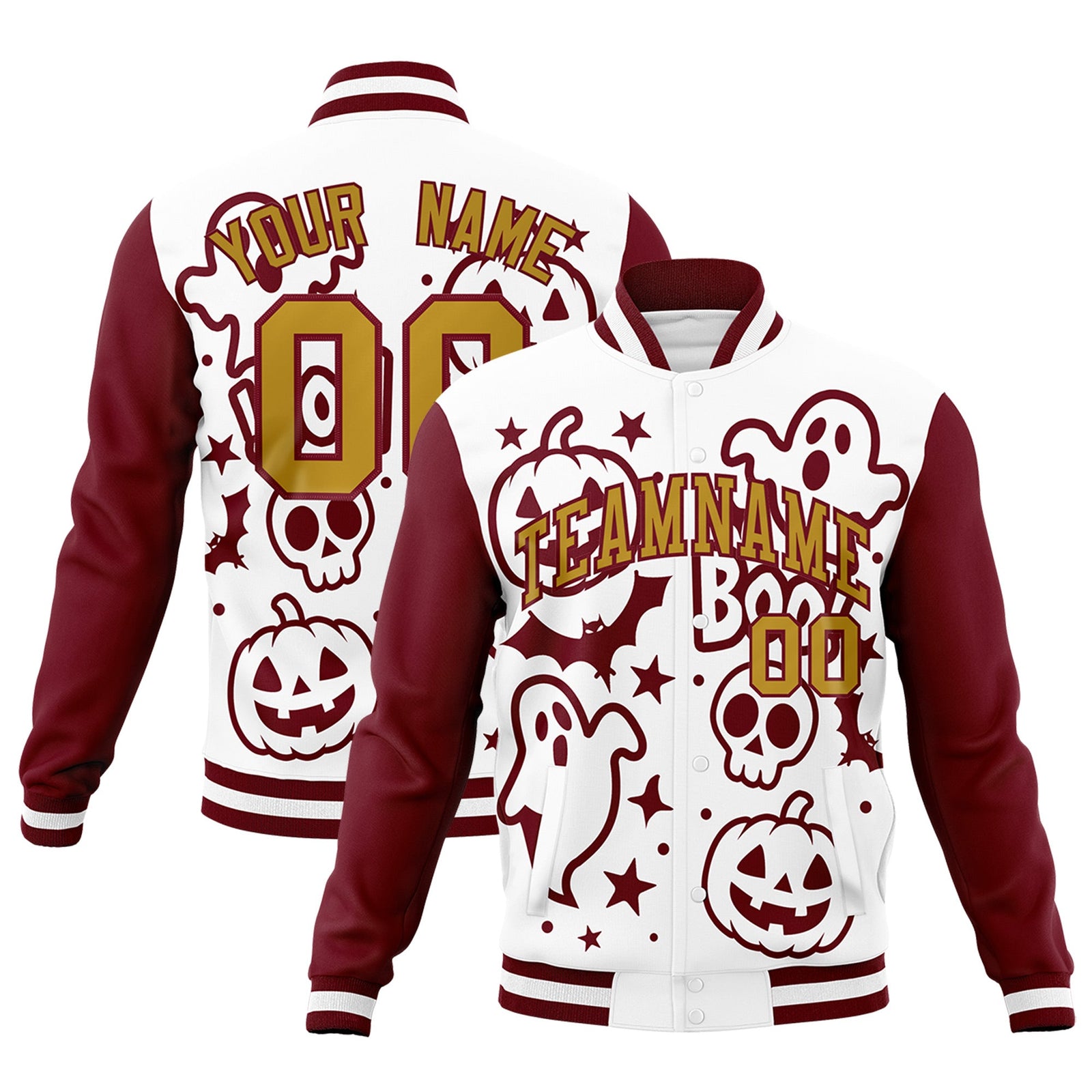 Custom White Crimson Old Gold Bats Pumpkins Ghost Patterns Halloween Letterman Jacket | Custom Letterman Jacket,Add Name and Numbern,Sublimation Printed & Stitched,Perfect for Parties | KXKSHOP