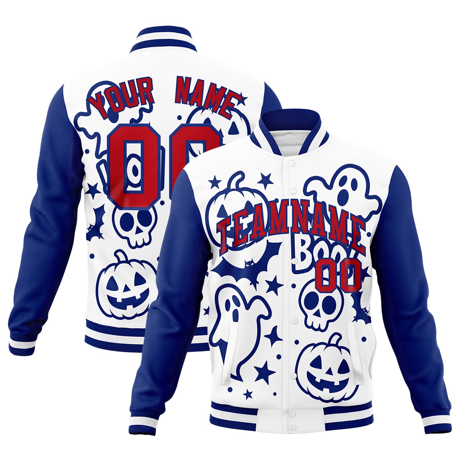 Custom Royal Blue White Red Bats Pumpkins Ghost Patterns Halloween Letterman Jacket | Custom Letterman Jacket,Add Name and Numbern,Sublimation Printed & Stitched,Perfect for Parties | KXKSHOP