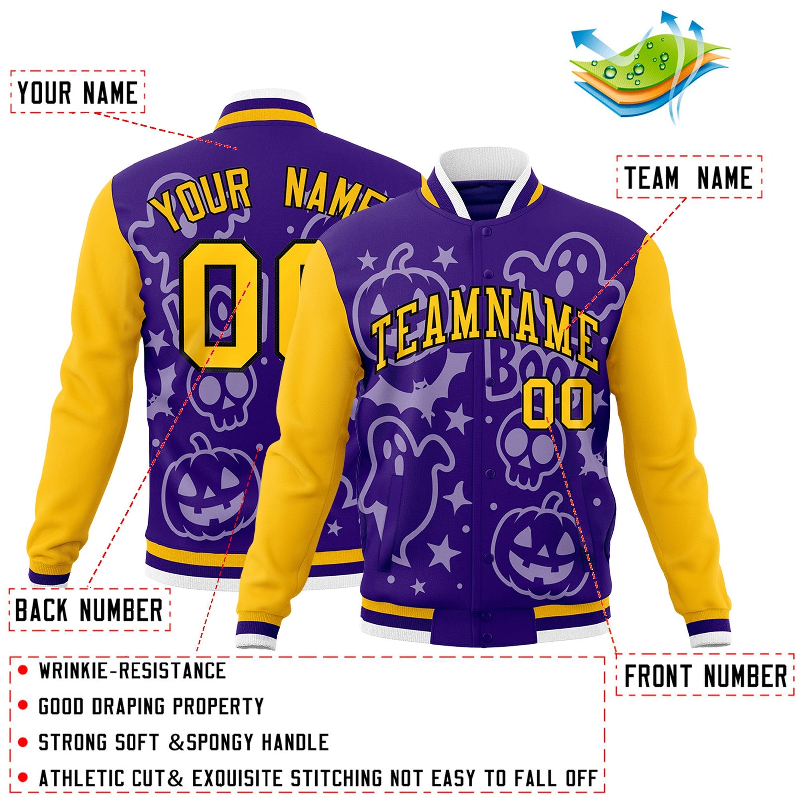 Custom Yellow Purple Gold Bats Pumpkins Ghost Patterns Halloween Letterman Jacket | Custom Letterman Jacket,Add Name and Numbern,Sublimation Printed & Stitched,Perfect for Parties | KXKSHOP