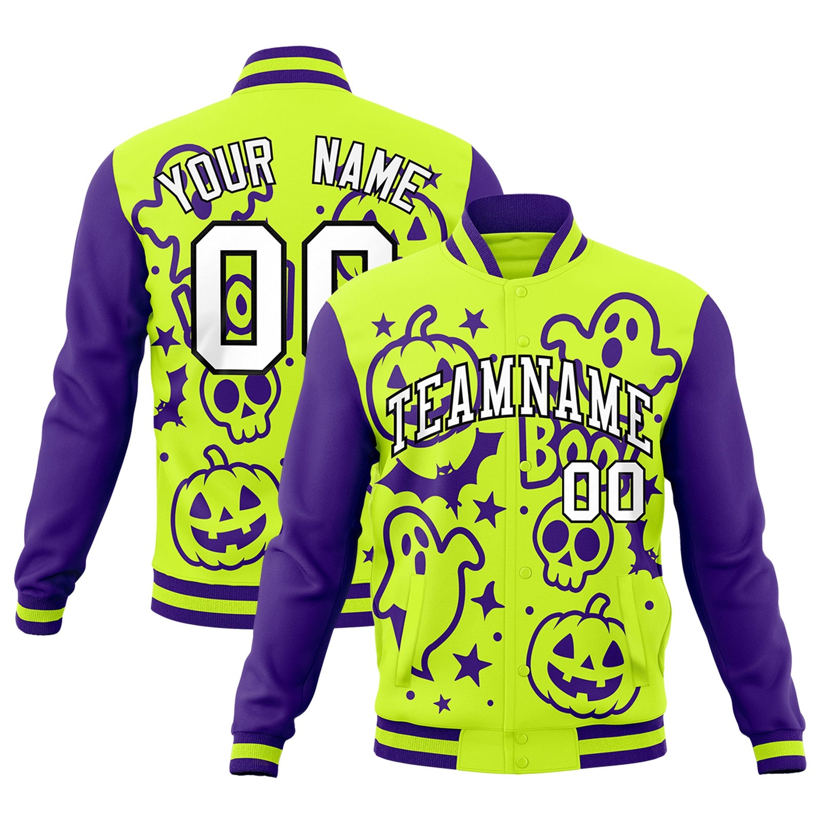 Custom Purple Neon Green White Bats Pumpkins Ghost Patterns Halloween Letterman Jacket | Custom Letterman Jacket,Add Name and Numbern,Sublimation Printed & Stitched,Perfect for Parties | KXKSHOP