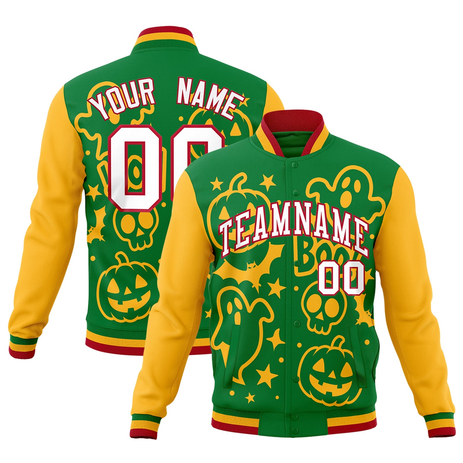 Custom Kelly Green Gold Red Bats Pumpkins Ghost Patterns Halloween Letterman Jacket | Custom Letterman Jacket,Add Name and Numbern,Sublimation Printed & Stitched,Perfect for Parties | KXKSHOP