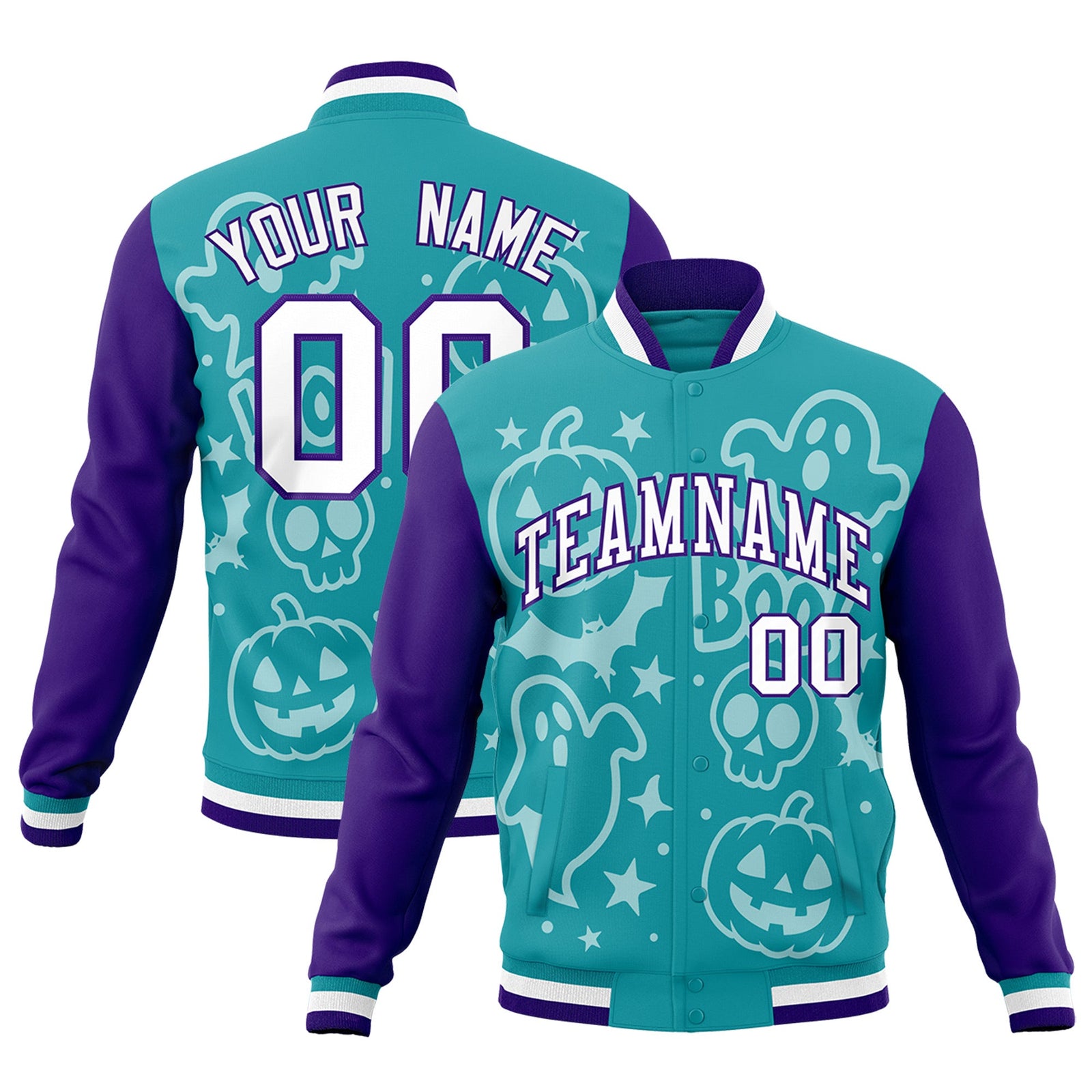 Custom Aqua Purple White Bats Pumpkins Ghost Patterns Halloween Letterman Jacket | Custom Letterman Jacket,Add Name and Numbern,Sublimation Printed & Stitched,Perfect for Parties | KXKSHOP
