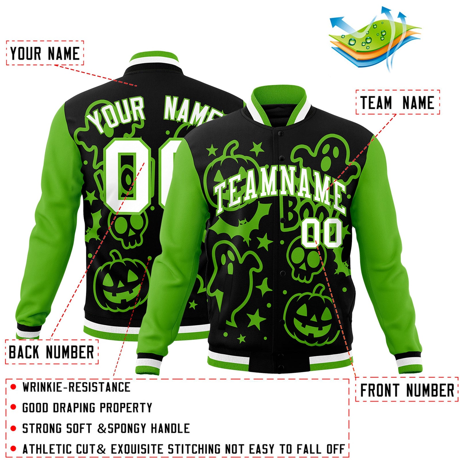 Custom Black Green White Bats Pumpkins Ghost Patterns Halloween Letterman Jacket | Custom Letterman Jacket,Add Name and Numbern,Sublimation Printed & Stitched,Perfect for Parties | KXKSHOP