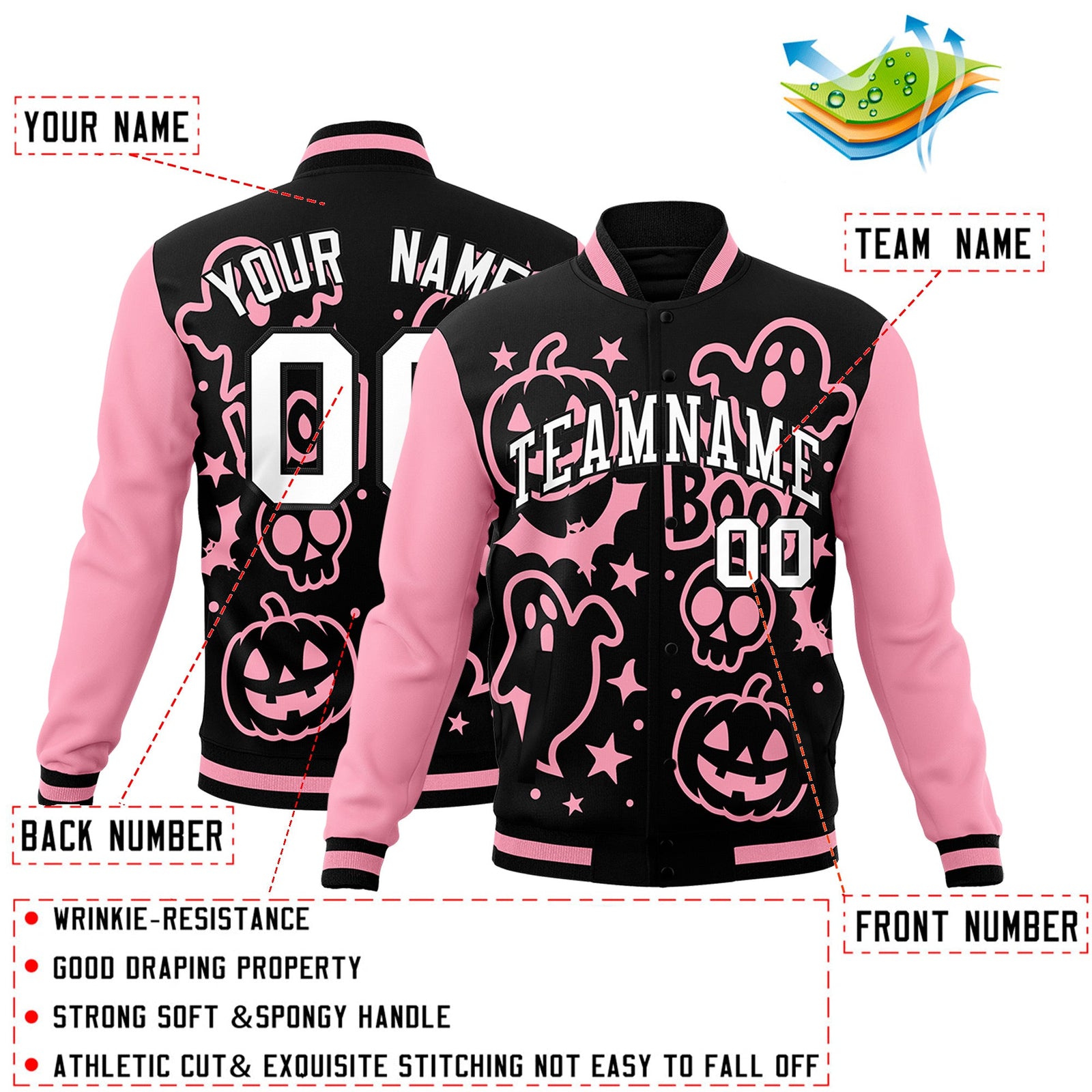 Custom Light Pink Black White Bats Pumpkins Ghost Patterns Halloween Letterman Jacket | Custom Letterman Jacket,Add Name and Numbern,Sublimation Printed & Stitched,Perfect for Parties | KXKSHOP
