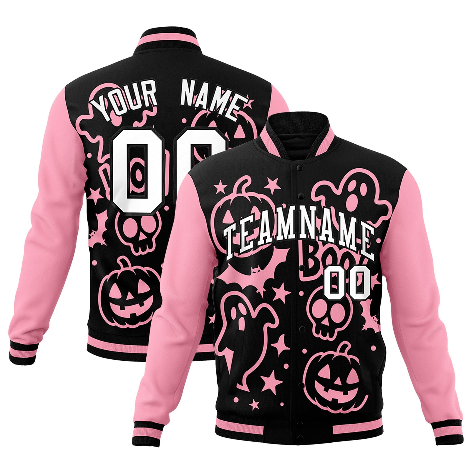 Custom Light Pink Black White Bats Pumpkins Ghost Patterns Halloween Letterman Jacket | Custom Letterman Jacket,Add Name and Numbern,Sublimation Printed & Stitched,Perfect for Parties | KXKSHOP