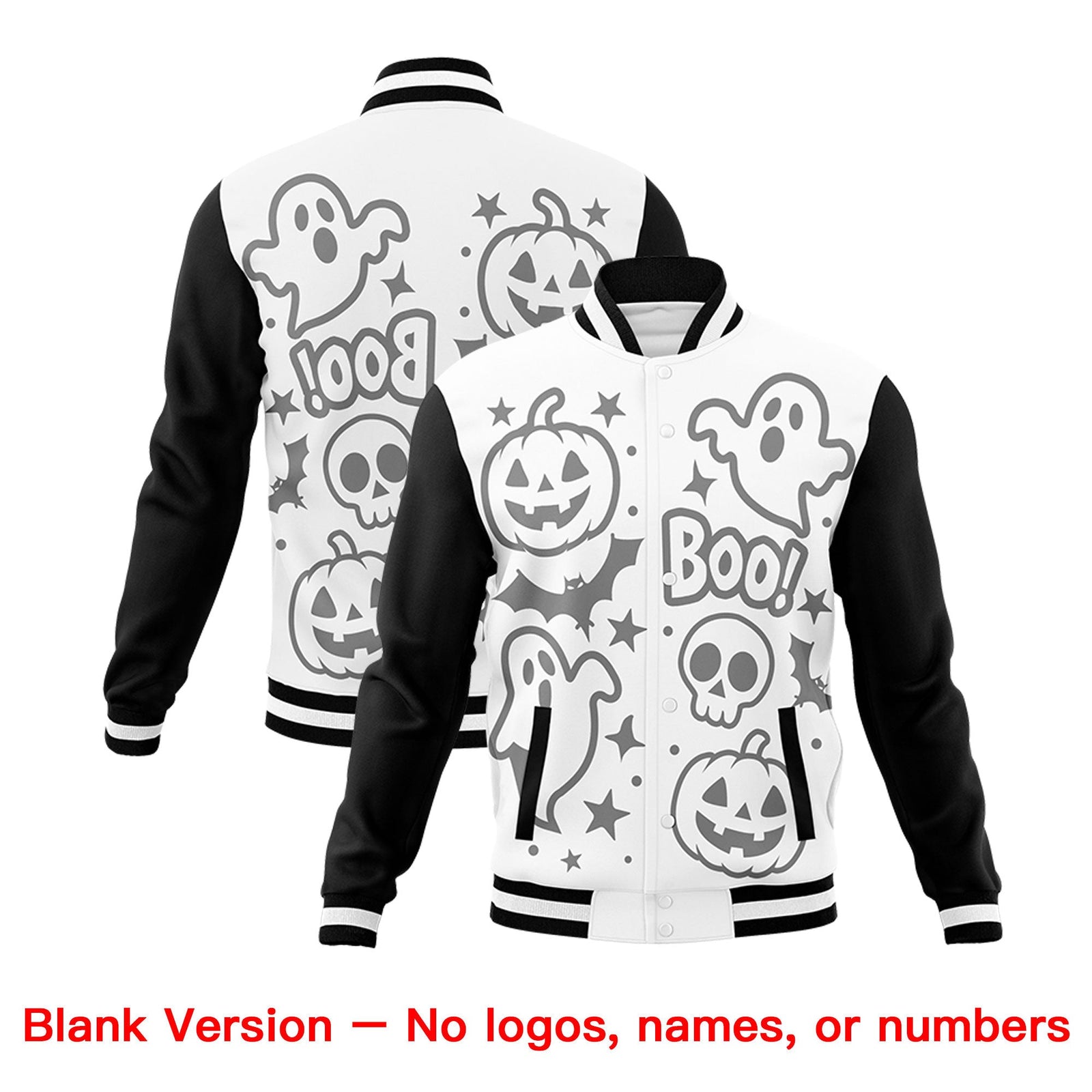 Custom White Black Orange Bats Pumpkins Ghost Patterns Halloween Letterman Jacket | Custom Letterman Jacket,Add Name and Numbern,Sublimation Printed & Stitched,Perfect for Parties | KXKSHOP