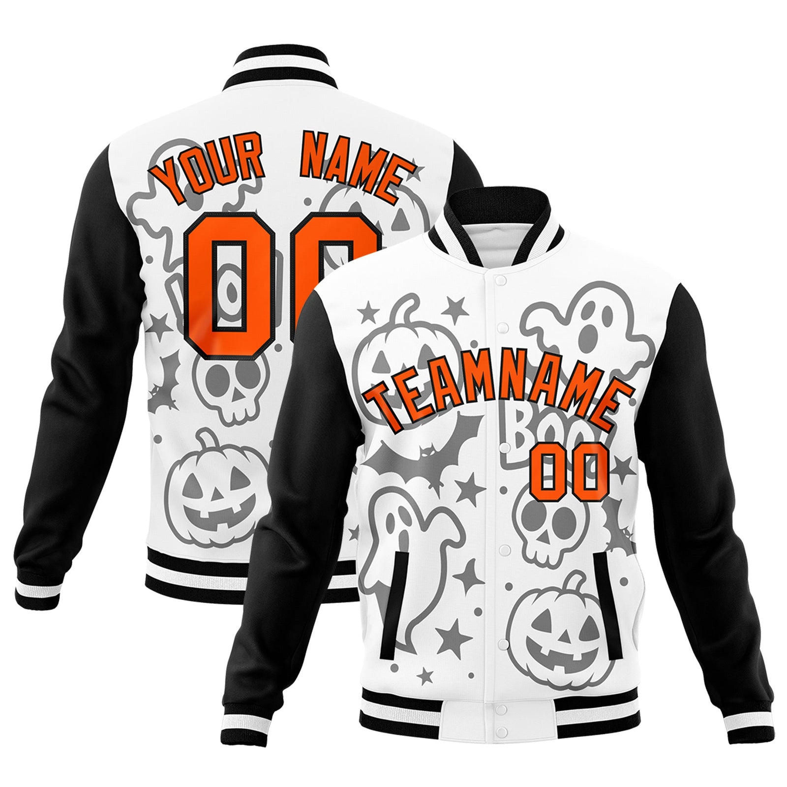 Custom White Black Orange Bats Pumpkins Ghost Patterns Halloween Letterman Jacket | Custom Letterman Jacket,Add Name and Numbern,Sublimation Printed & Stitched,Perfect for Parties | KXKSHOP