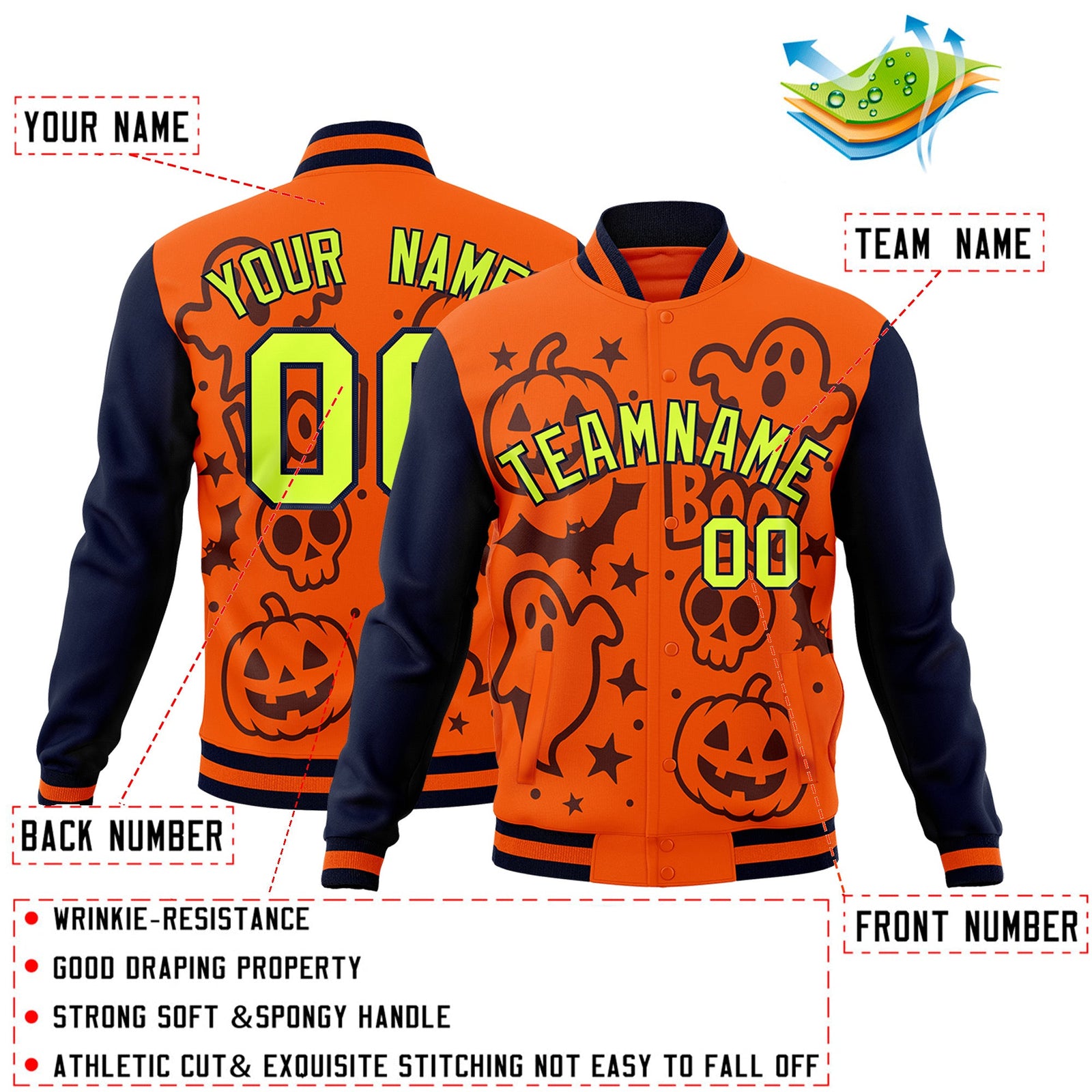 Custom Navy Orange Teal Bats Pumpkins Ghost Patterns Halloween Letterman Jacket | Custom Letterman Jacket,Add Name and Numbern,Sublimation Printed & Stitched,Perfect for Parties | KXKSHOP