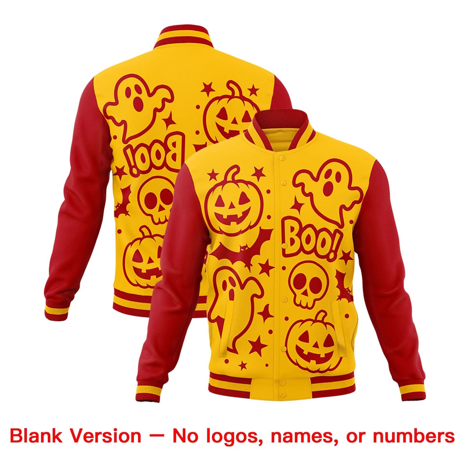 Custom Gold Red White Bats Pumpkins Ghost Patterns Halloween Letterman Jacket | Custom Letterman Jacket,Add Name and Numbern,Sublimation Printed & Stitched,Perfect for Parties | KXKSHOP