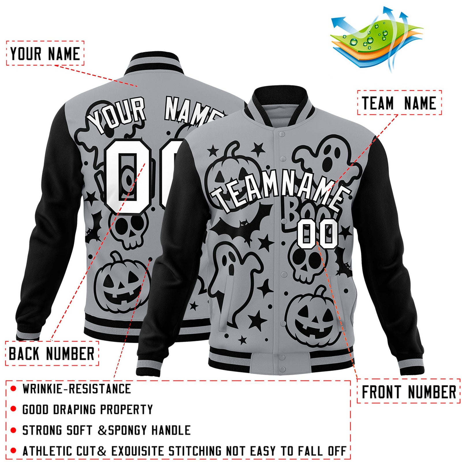 Custom Gray Black White Bats Pumpkins Ghost Patterns Halloween Letterman Jacket | Custom Letterman Jacket,Add Name and Numbern,Sublimation Printed & Stitched,Perfect for Parties | KXKSHOP